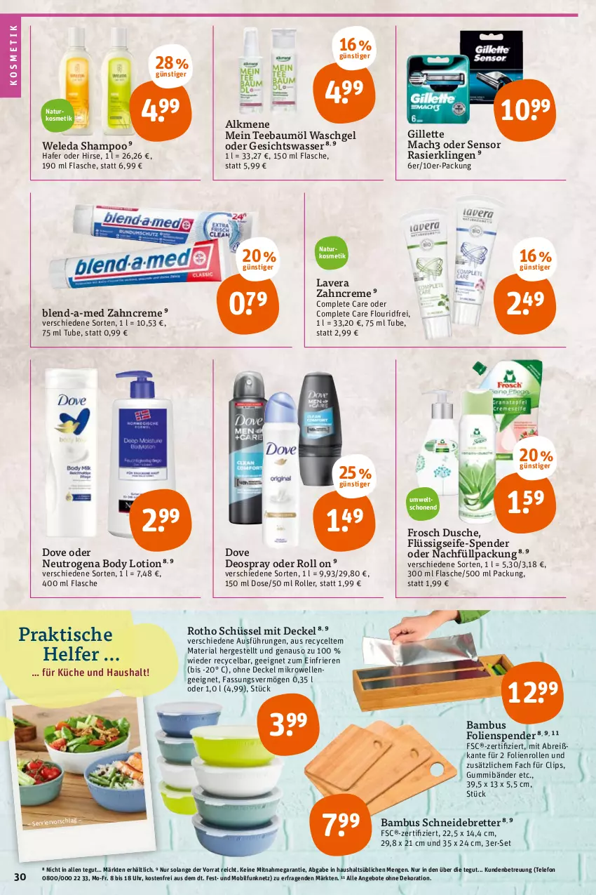 Aktueller Prospekt Tegut - Angebote der Woche - von 08.08 bis 13.08.2022 - strona 30 - produkty: angebot, angebote, bambus, Bau, blend-a-med, body, body lotion, Brei, creme, decke, Deckel, dekoration, deo, deospray, dove, dusche, elle, flasche, flüssigseife, Frosch, Gesichtswasser, gillette, hafer, kosmetik, küche, lavera, Lotion, mac, mach3, mikrowelle, natur, naturkosmetik, neutrogena, Rasierklinge, rasierklingen, Ria, Roller, schneidebrett, schüssel, Seife, shampoo, tee, telefon, Ti, tisch, uhr, waschgel, wasser, weleda, zahncreme