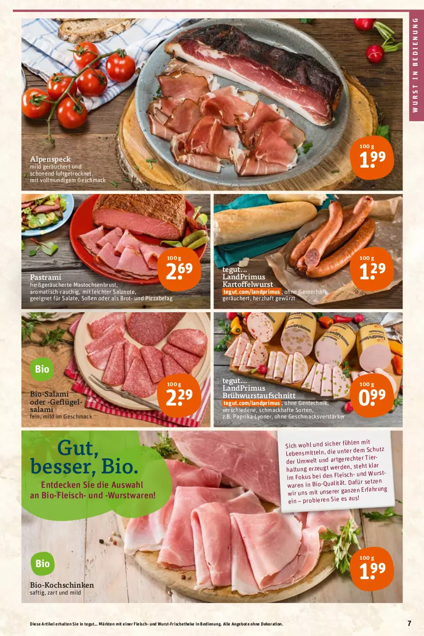 Aktueller Prospekt Tegut - Angebote der Woche - von 08.08 bis 13.08.2022 - strona 7 - produkty: angebot, angebote, Astra, aufschnitt, bier, Biere, bio, Bio-Salami, brot, Brühwurst, decke, dekoration, eis, ente, fleisch, Geflügel, gewürz, kartoffel, kochschinken, landprimus, lebensmittel, lyoner, mac, paprika, pastrami, pizza, Rauch, saft, salami, salat, salate, salz, schinken, Soße, Speck, Ti, Tiere, tisch, wurst, Yo