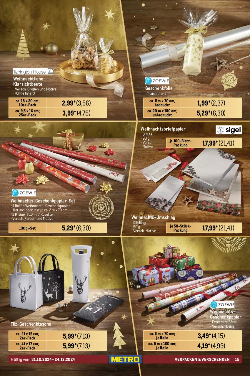 Aktueller Prospekt Metro - Dekoration - von 31.10 bis 24.12.2024 - strona 15 - produkty: beutel, brie, Clin, din a4, elle, flasche, Geschenkpapier, Geschenktasche, korb, kraft, lack, LG, natur, papier, Tasche, teller, Ti, Tüte