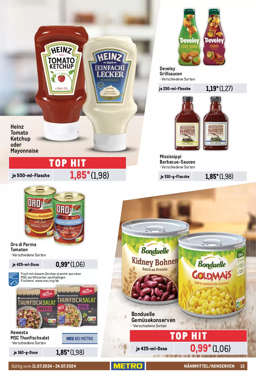 Aktueller Prospekt Metro - Food-NonFood - von 11.07 bis 24.07.2024 - strona 13 - produkty: barbecue, barilla, basmati, Bau, bertolli, beutel, bonduelle, coupon, De Cecco, develey, ecco, eis, elle, ente, fisch, fische, Fischer, flasche, Gemüsekonserve, gin, grill, grillsauce, hawesta, heinz, italienische pasta, je 500-ml-flasche, ketchup, knorr, knorr fix, Konserven, mayonnaise, olive, oliven, olivenöl, olivenöl extra, oro di parma, oryza, pasta, pesto, rapso, rapsöl, reines rapsöl, reis, salat, sauce, saucen, Schere, thunfisch, Thunfischsalat, Ti, tomate, tomaten, tomato ketchup, trolli, Wild, Yo