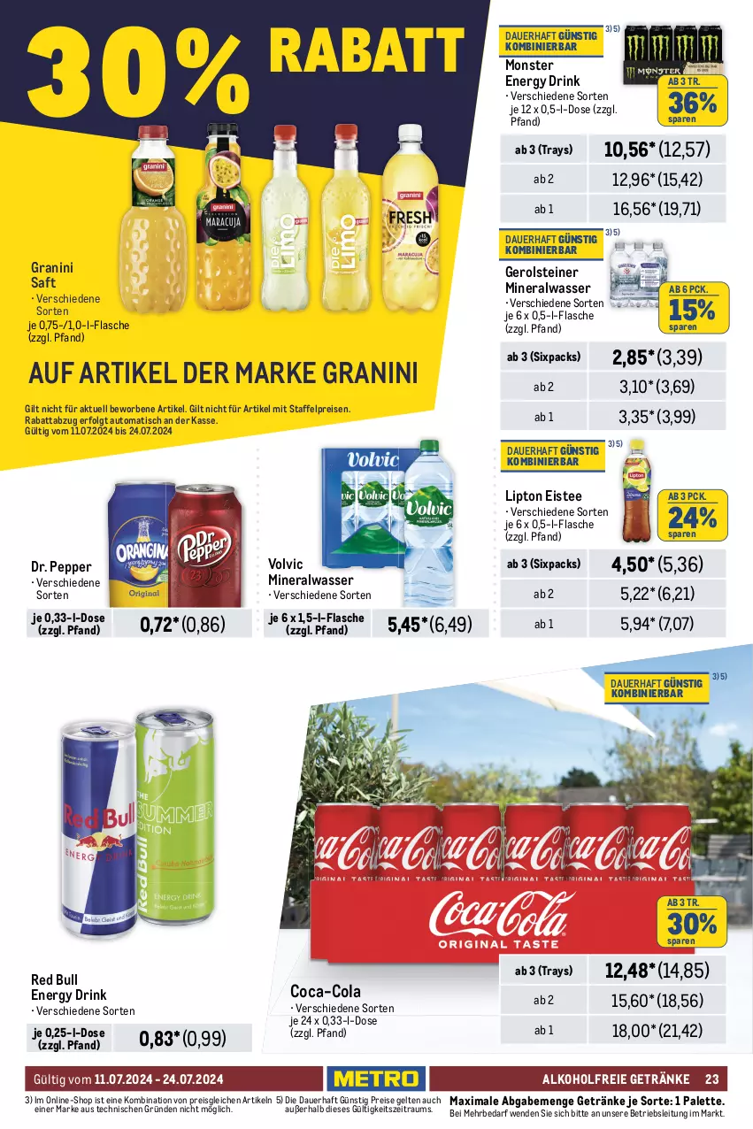 Aktueller Prospekt Metro - Food-NonFood - von 11.07 bis 24.07.2024 - strona 23 - produkty: alkohol, alkoholfreie getränke, Alwa, auer, auto, Berger, bier, coca-cola, cola, desperados, drink, eis, eistee, elle, energy drink, erdinger, flasche, gerolsteine, gerolsteiner, getränk, getränke, gin, gösser, granini, LG, lipton, mineralwasser, monster, Monster Energy, natur, Palette, pils, pilsner, pilsner urquell, radeberger, radeberger pilsner, radler, red bull, reis, saft, steiner, tee, Ti, tisch, volvic, wasser