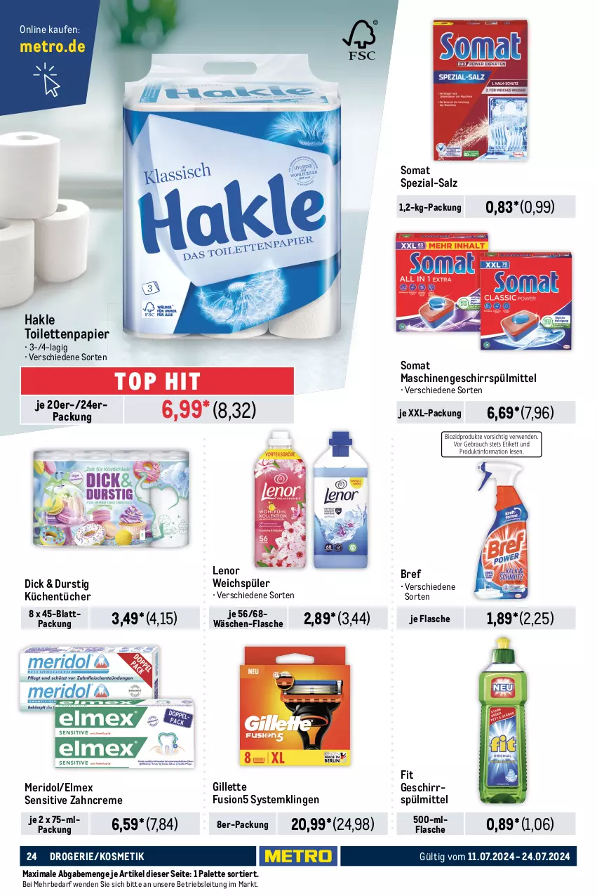 Aktueller Prospekt Metro - Food-NonFood - von 11.07 bis 24.07.2024 - strona 24 - produkty: auer, Bref, creme, eis, elle, elmex, fernseher, flasche, fusion5, geschirr, geschirrspülmittel, gillette, hakle, hakle toilettenpapier, hisense, kosmetik, küche, Küchen, küchentücher, lenor, lenor weichspüler, LG, meridol, Metro, Palette, papier, reis, salz, somat, Spezi, spülmittel, Systemklingen, teller, Ti, toilettenpapier, tücher, uhd, weichspüler, xxl-packung, zahncreme