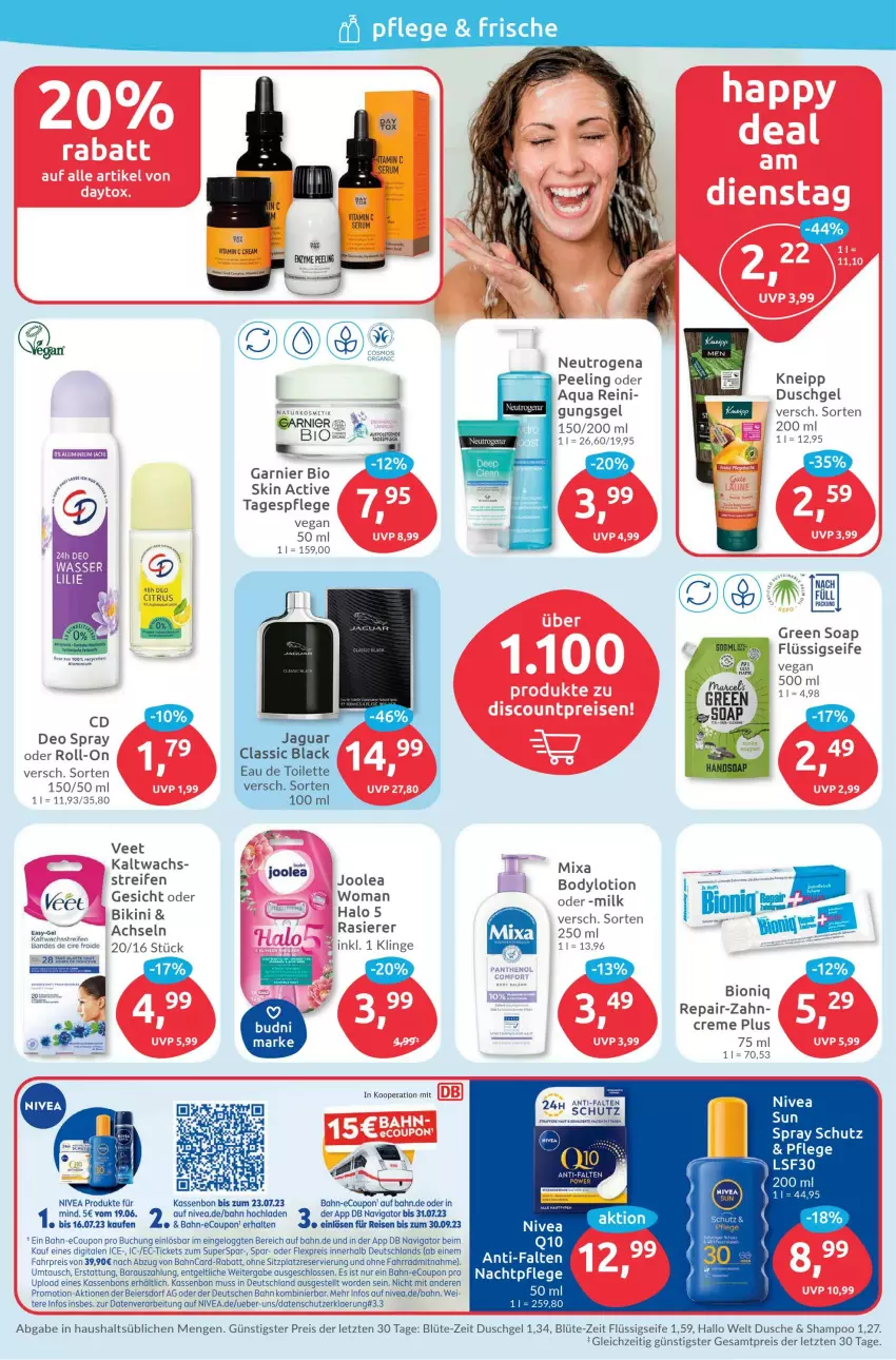 Aktueller Prospekt Budni - Prospekte - von 19.06 bis 24.06.2023 - strona 2 - produkty: aqua, bikini, bio, Blüte, body, bodylotion, buch, coupon, creme, deo, deo spray, dusche, duschgel, eau de toilette, eier, eis, Fahrrad, flüssigseife, garnier, Jaguar, kaltwachsstreifen, kneipp, kosmetik, lack, latte, Lotion, Mixa, nachtpflege, neutrogena, nivea, Peeling, Q10, rasierer, reifen, reis, roll-on, rum, Seife, Serum, shampoo, Sun Spray, Tagespflege, Ti, Tiere, veet, vita, Vitamin C, wein, ZTE