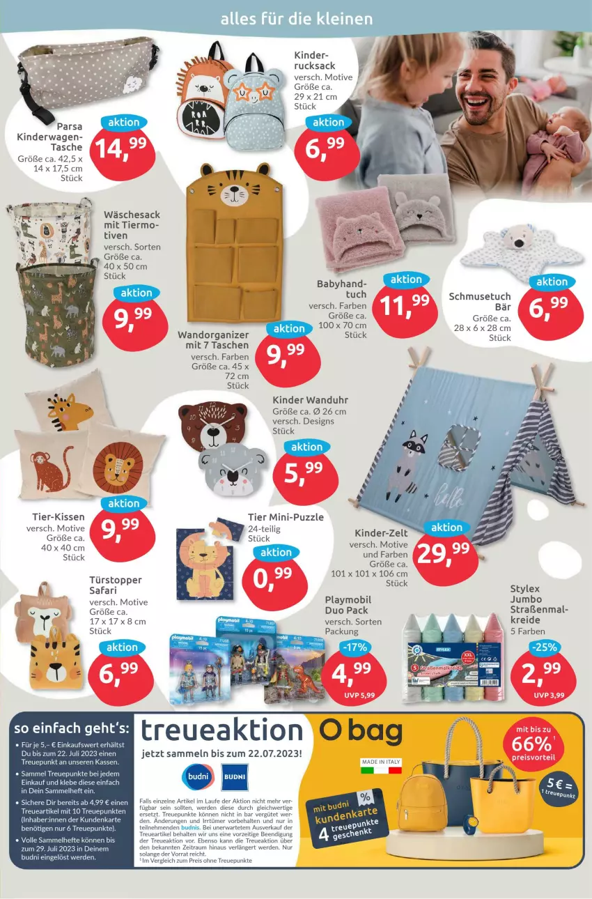 Aktueller Prospekt Budni - Prospekte - von 19.06 bis 24.06.2023 - strona 7 - produkty: eis, erde, Hefte, jumbo, Kinder, Kinderwagen, kissen, Kreide, leine, playmobil, Puzzle, reis, rucksack, sac, stylex, Tasche, taschen, Ti, topper, tuc, türstopper, uhr, wanduhr