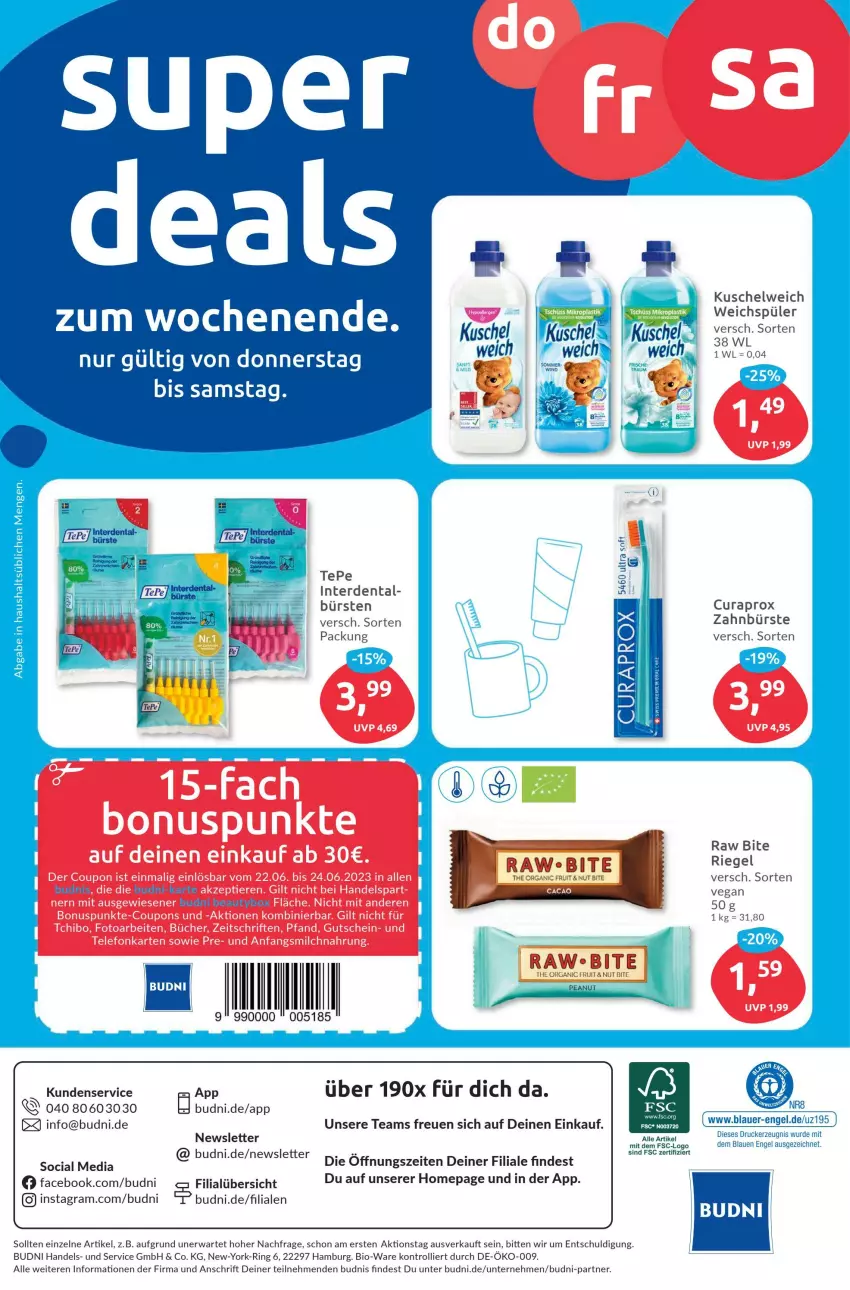 Aktueller Prospekt Budni - Prospekte - von 19.06 bis 24.06.2023 - strona 8 - produkty: aldi, auer, bio, bürste, bürsten, coupon, coupons, drucker, Engel, erde, gutschein, kerze, Kuschelweich, milch, Omep, riegel, ring, Tchibo, telefon, Ti, trolli, weichspüler, Yo, zahnbürste