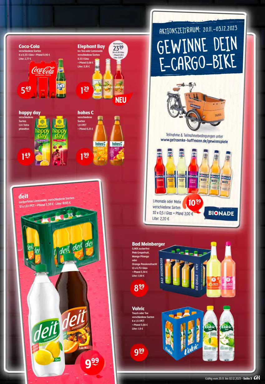 Aktueller Prospekt Getraenke Hoffmann - Prospekte - von 20.11 bis 02.12.2023 - strona 3 - produkty: Bad, Berger, eis, Elephant Bay, gewinnspiel, grapefruit, Hohes C, ice tea, lemonade, limo, limonade, mango, reis, Spiele, tee, Ti, volvic, zucker