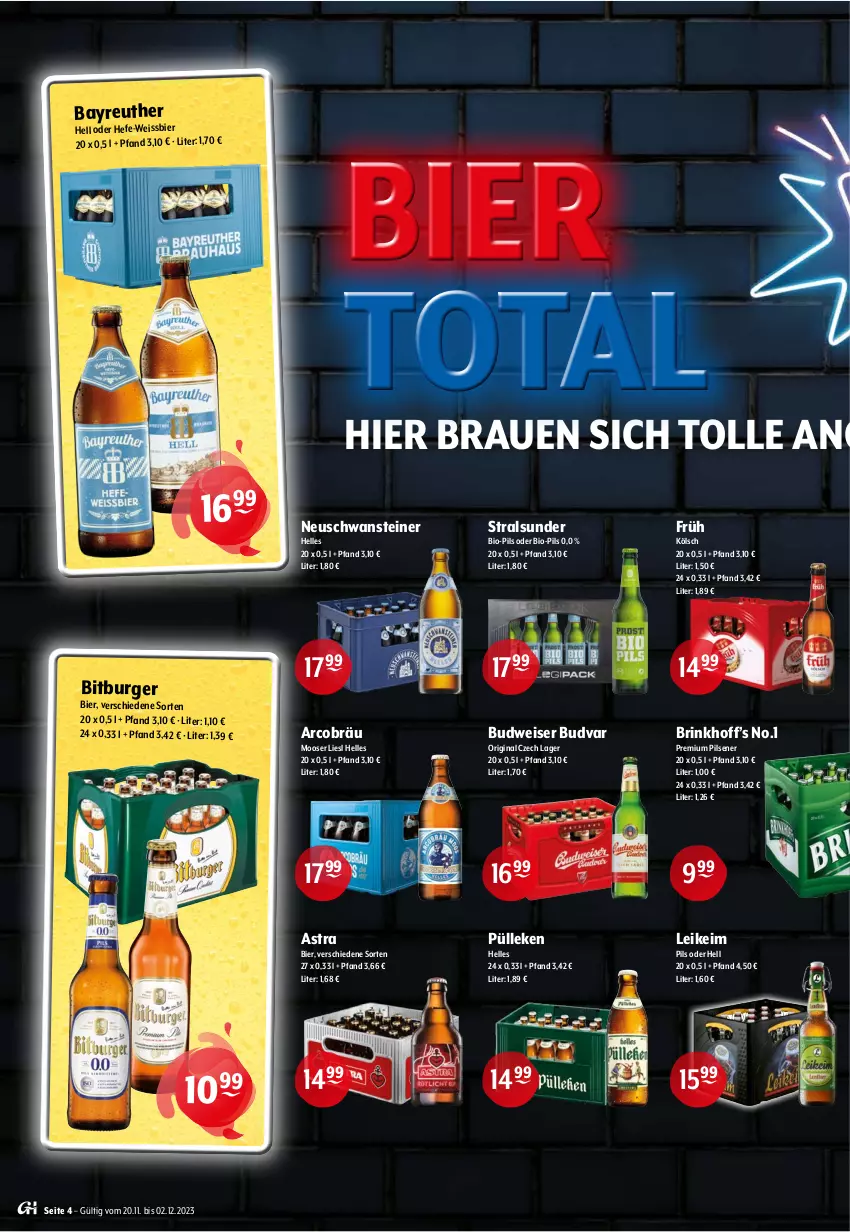 Aktueller Prospekt Getraenke Hoffmann - Prospekte - von 20.11 bis 02.12.2023 - strona 4 - produkty: Astra, bier, bio, bitburger, budweiser, burger, eis, elle, gin, Hefe, pils, pilsener, premium pils, steiner, Ti, weissbier