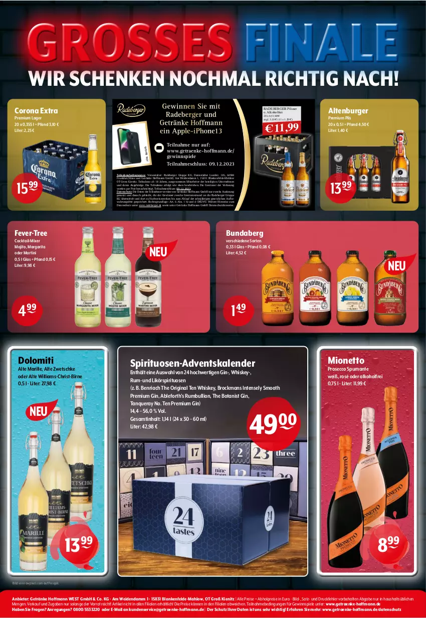 Aktueller Prospekt Getraenke Hoffmann - Prospekte - von 20.11 bis 02.12.2023 - strona 8 - produkty: abholpreise, Adventskalender, alkohol, altenburger, Apple, BenRiach, Berger, Brock, Bundaberg, burger, cocktail, corona, corona extra, ecco, eis, erde, fever-tree, getränk, getränke, gewinnspiel, gin, iphone, LG, likör, lion, martini, mionetto, Mixer, mojito, pils, pilsner, premium pils, prosecco, puma, radeberger, radeberger pilsner, reis, Ria, rum, Spiele, spirituosen, spumante, Tanqueray, Ti, weck, whiskey