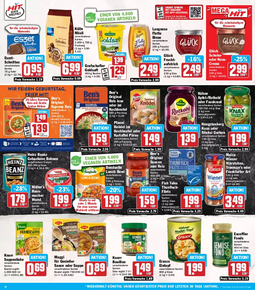 Aktueller Prospekt Hit - Wochenprospekt - von 18.11 bis 23.11.2024 - strona 10 - produkty: apfel, aufstrich, beanz, Becher, beutel, bohne, bohnen, bonduelle, coupon, coupons, creme, eintopf, eis, elle, ente, erasco, filet, filets, fisch, flasche, frankfurter, frucht, geback, gin, goldsaft, grafschafter, gurke, gurken, Hausmacher, heinz, hengstenberg, kartoffel, Knödel, knorr, kochbeutel, kölln, Kraut, Kühne, langnese, mac, maggi, meica, Müller, müsli, nuss, pfanni, püree, reis, rotkohl, saft, sauce, saucen, schnitten, schoko, suppe, suppen, suppenliebe, thunfisch, Ti, topf, wiener, wiener würstchen, wurst, würstchen, ZTE