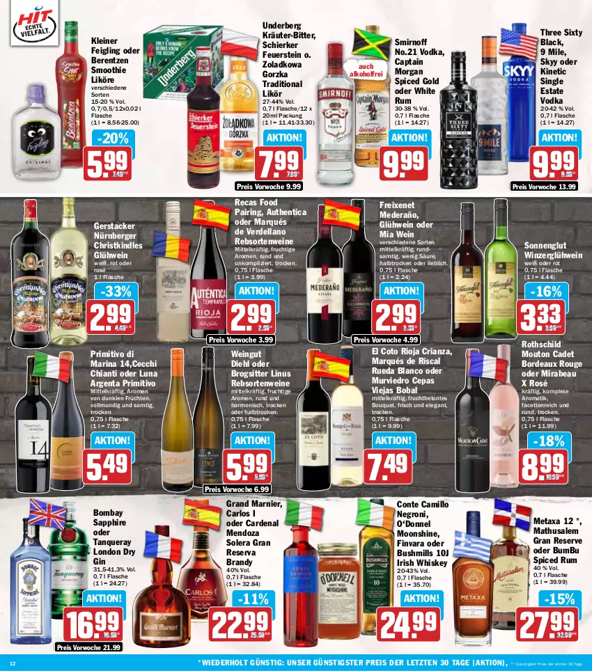 Aktueller Prospekt Hit - Wochenprospekt - von 18.11 bis 23.11.2024 - strona 12 - produkty: alkohol, arlo, berentzen, Berger, bombay sapphire, Bumbu, Cap, captain morgan, chia, chianti, dell, dry gin, eis, erde, flasche, freixenet, frucht, früchte, früchten, gin, Glühwein, irish whiskey, Kindle, kleiner feigling, kräuter, lack, leine, likör, london dry, london dry gin, Metaxa, nürnberger, primitivo, rebsortenweine, reis, Ria, ring, rioja, rouge, rum, sapphire, skyy, smirnoff, smoothie, Tanqueray, Three Sixty, Ti, underberg, vodka, wein, weine, whiskey, white rum, ZTE