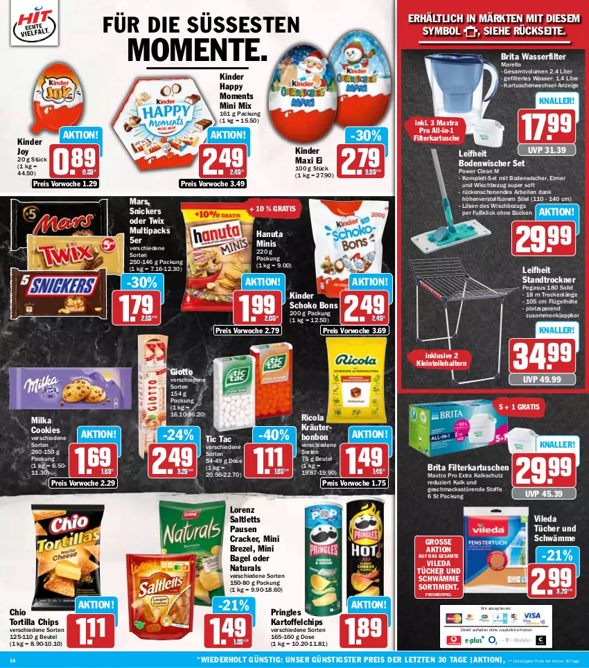 Aktueller Prospekt Hit - Wochenprospekt - von 18.11 bis 23.11.2024 - strona 14 - produkty: asus, Bagel, beutel, bodenwischer, brezel, brita, chips, cola, cookie, cookies, cracker, eimer, eis, ente, filterkartuschen, giotto, hanuta, kartoffel, kartoffelchips, Kinder, Kinder Maxi, kräuter, leifheit, lorenz, mac, mars, Maxtra, milka, natur, natura, oder twix, pringles, reis, rel, Ricola, ring, saltletts, schoko, snickers, Ti, Tiere, tortilla, Tortilla Chips, Trockner, tücher, twix, vileda, wasser, wasserfilter, wasserfilter marella, ZTE