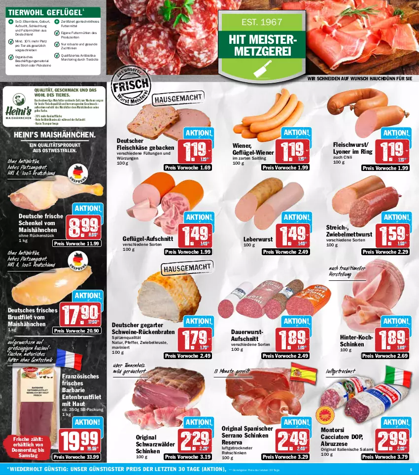 Aktueller Prospekt Hit - Wochenprospekt - von 18.11 bis 23.11.2024 - strona 5 - produkty: ACC, angebot, auer, aufschnitt, bio, braten, brustfilet, chili, eis, elle, ente, Entenbrust, erde, filet, fleisch, fleischkäse, fleischwurst, geback, Geflügel, gin, henkel, Holz, im zarten saitling, Käse, kochschinken, leberwurst, lyoner, mac, mais, Meister, Mett, mettwurst, monitor, montorsi, natur, pfeffer, reis, Ria, ring, rohschinken, Rückenbraten, salami, schenkel, schinken, schwarzwälder schinken, schwein, schweine, serrano, serrano schinken, spitzenqualität, Sport, Ti, Tiere, wein, weine, wiener, wurst, Yo, ZTE, zwiebel, zwiebelmettwurst