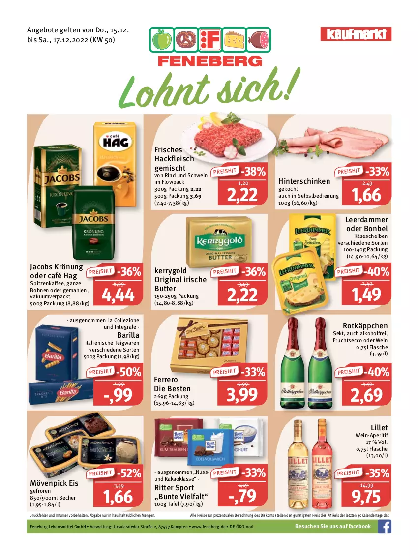 Aktueller Prospekt Feneberg - Prospekte - von 15.12 bis 17.12.2022 - strona 1 - produkty: alkohol, angebot, angebote, aperitif, barilla, Becher, bohne, bohnen, bonbel, butter, ecco, eis, elle, ferrero, flasche, fleisch, frucht, fruchtsecco, gin, hackfleisch, hackfleisch gemischt, hinterschinken, irische butter, jacobs, jacobs krönung, kaffee, kakao, Käse, käsescheiben, kerrygold, lebensmittel, leerdammer, lillet, mövenpick, mövenpick eis, nuss, reis, rind, ritter, ritter sport, rotkäppchen, schinken, schwein, sekt, Sport, teigwaren, Ti, wein, ZTE