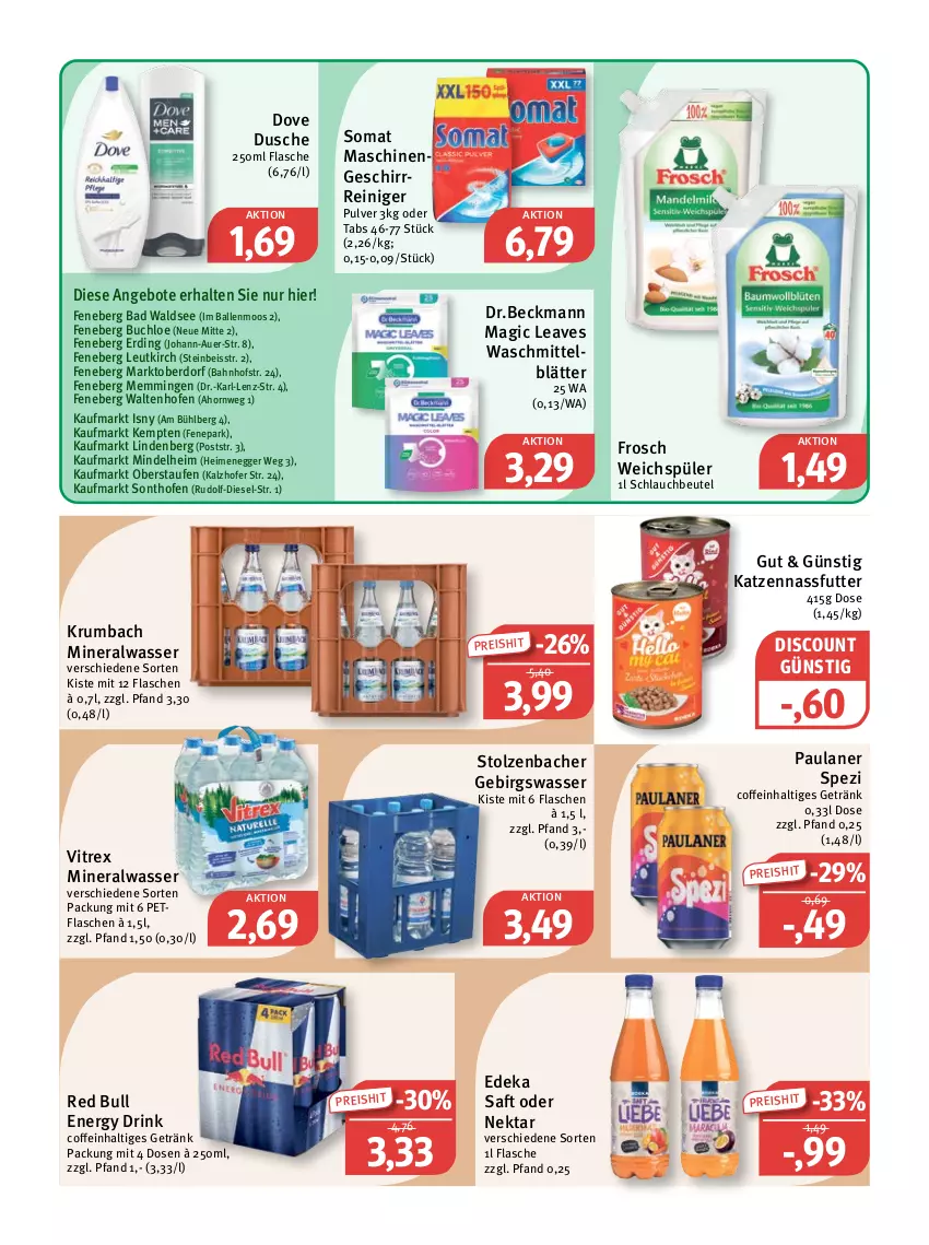 Aktueller Prospekt Feneberg - Prospekte - von 15.12 bis 17.12.2022 - strona 15 - produkty: Alwa, angebot, angebote, auer, Bad, ball, beutel, buch, chloe, coffein, deka, Diesel, discount, dove, drink, dusche, Egger, eis, emmi, energy drink, flasche, Frosch, geschirr, getränk, gsw, krumbach, mineralwasser, nassfutter, Nektar, Ofen, Paula, paulaner, red bull, reiniger, reis, rum, saft, schlauch, somat, Spezi, Ti, vitrex, waschmittel, wasser, weichspüler