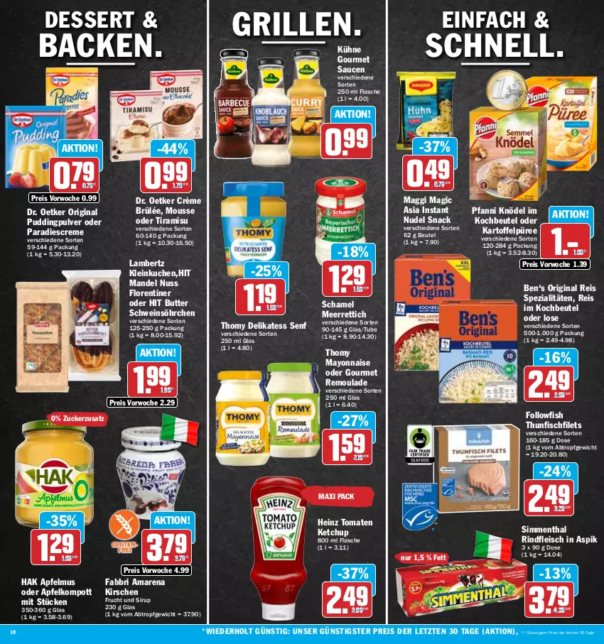 Aktueller Prospekt Hit - Prospekte - von 02.05 bis 06.05.2023 - strona 10 - produkty: Amber, apfel, apfelmus, beutel, butter, creme, Crème Brûlée, delikatess senf, dessert, Dr. Oetker, eis, filet, filets, fisch, flasche, fleisch, Florentiner, followfish, gin, grill, heinz, kartoffel, Kartoffelpüree, ketchup, kirsch, kirsche, kirschen, Knödel, kochbeutel, kuchen, Kühne, lambertz, maggi, mandel, mayonnaise, meerrettich, mousse, nudel, nuss, pfanni, pudding, püree, reis, remoulade, Rettich, rind, rindfleisch, sauce, saucen, schamel, schwein, senf, sim, sirup, snack, Spezi, thomy, thunfisch, Ti, tiramisu, tomate, tomaten, tomaten ketchup, wein, Yo, ZTE, zucker