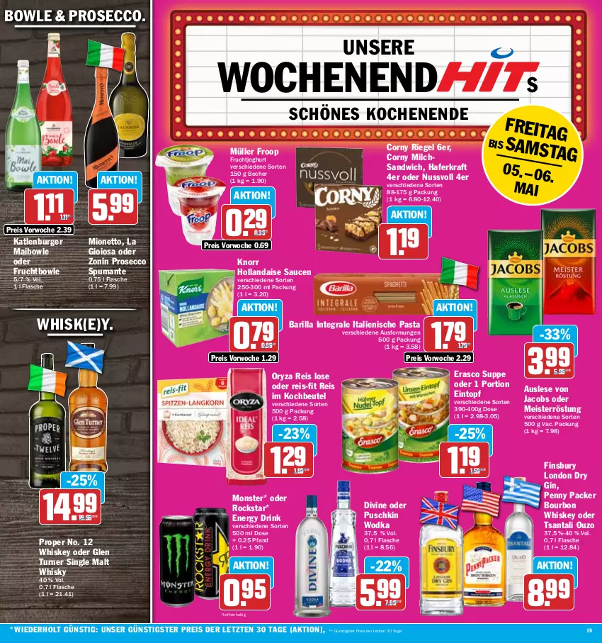 Aktueller Prospekt Hit - Prospekte - von 02.05 bis 06.05.2023 - strona 15 - produkty: barilla, Becher, beutel, bourbon, bourbon whiskey, bowle, burger, corny, drink, dry gin, ecco, eintopf, eis, energy drink, erasco, finsbury, flasche, froop, frucht, fruchtjoghurt, gin, hafer, hollandaise, italienische pasta, jacobs, joghur, joghurt, katlenburger, knorr, kochbeutel, kraft, La Gioiosa, london dry, london dry gin, Meister, meisterröstung, milch, mionetto, monster, Müller, müller froop, nuss, oryza, ouzo, pasta, prosecco, puma, puschkin wodka, reis, reis-fit, riegel, Rockstar, sandwich, sauce, saucen, single malt, spumante, suppe, Ti, topf, whiskey, whisky, wodka, zonin, ZTE