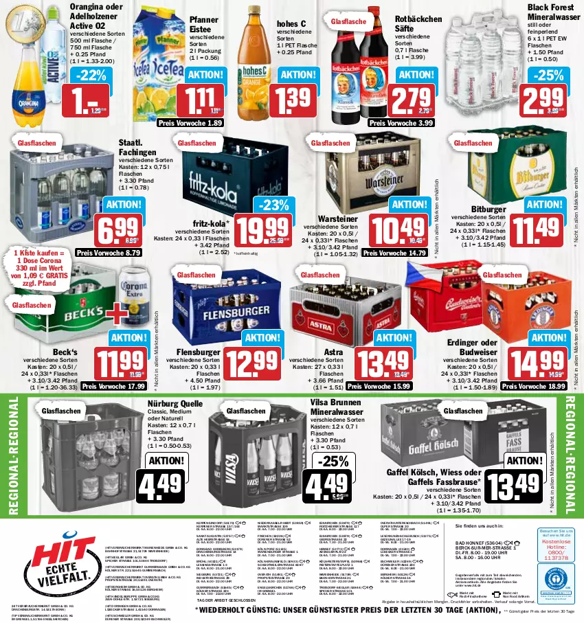 Aktueller Prospekt Hit - Prospekte - von 02.05 bis 06.05.2023 - strona 16 - produkty: adelholzener, Alwa, angebot, angebote, Astra, auer, Bad, bitburger, black forest, braun, brause, brunnen, budweiser, burger, corona, drucker, eimer, eis, eistee, elle, Engel, erdinger, fassbrause, fisch, flasche, flensburger, fritz, fritz-kola, gin, glasflasche, Hohes C, Holz, kerze, lack, Lübecker, mineralwasser, natur, orangina, perlen, pfanne, Pfanner, Rauch, reis, rel, säfte, Staatl. Fachingen, steiner, tee, Ti, uhr, vilsa, warsteiner, wasser, ZTE