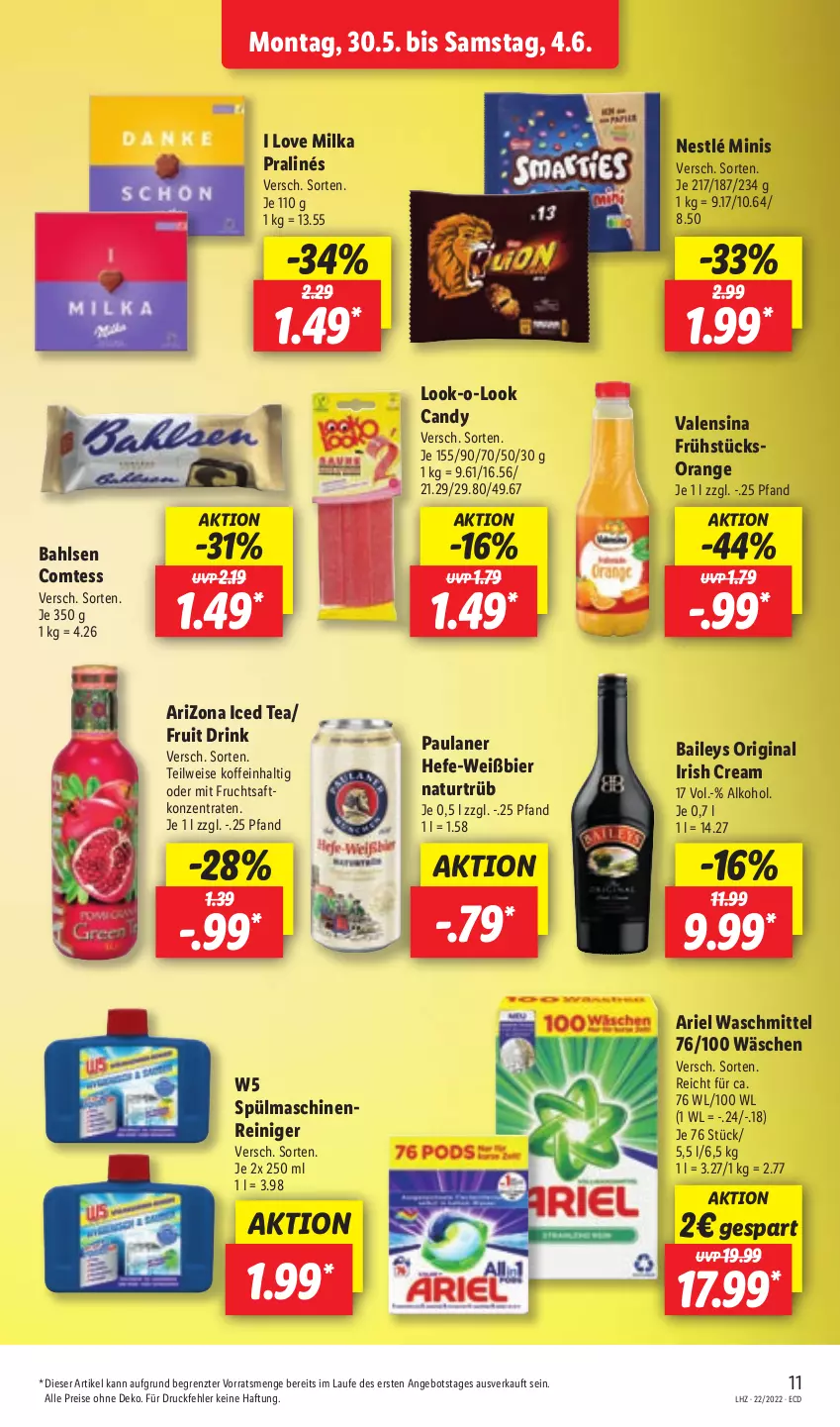 Aktueller Prospekt Lidl - Aktionsprospekt - von 30.05 bis 04.06.2022 - strona 11 - produkty: alkohol, angebot, ariel, ariel waschmittel, bahlsen, baileys, bier, comtess, drink, eis, frucht, fruchtsaft, gin, Hefe, irish cream, maschinenreiniger, milka, mit frucht, natur, nestlé, orange, Paula, paulaner, reiniger, reis, saft, spülmaschinen, Ti, valensina, waschmittel, ZTE