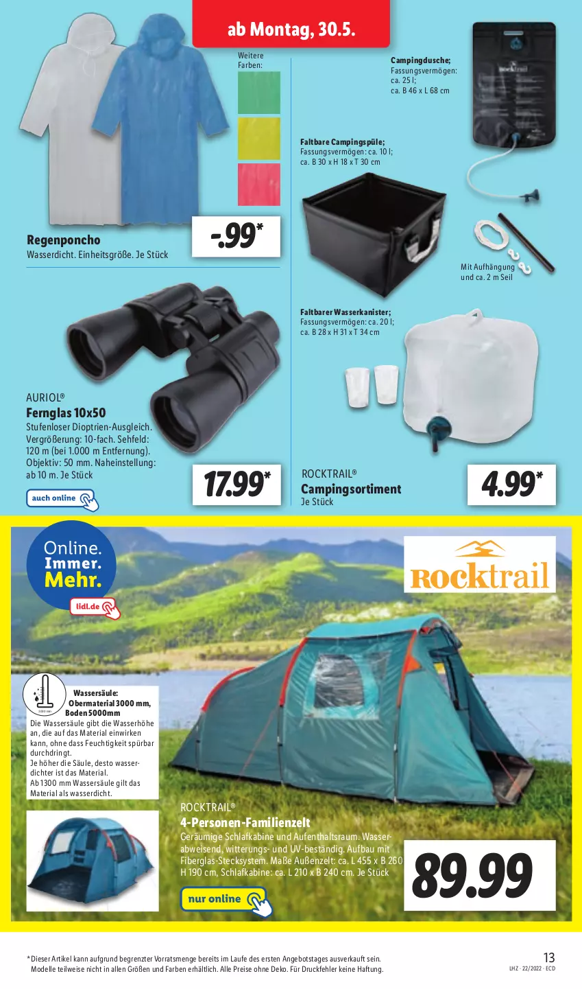 Aktueller Prospekt Lidl - Aktionsprospekt - von 30.05 bis 04.06.2022 - strona 13 - produkty: angebot, Bau, Campingdusche, dell, dusche, eis, elle, Familienzelt, Fernglas, Mode, reis, Ria, ring, Ti, wasser, Zelt, ZTE