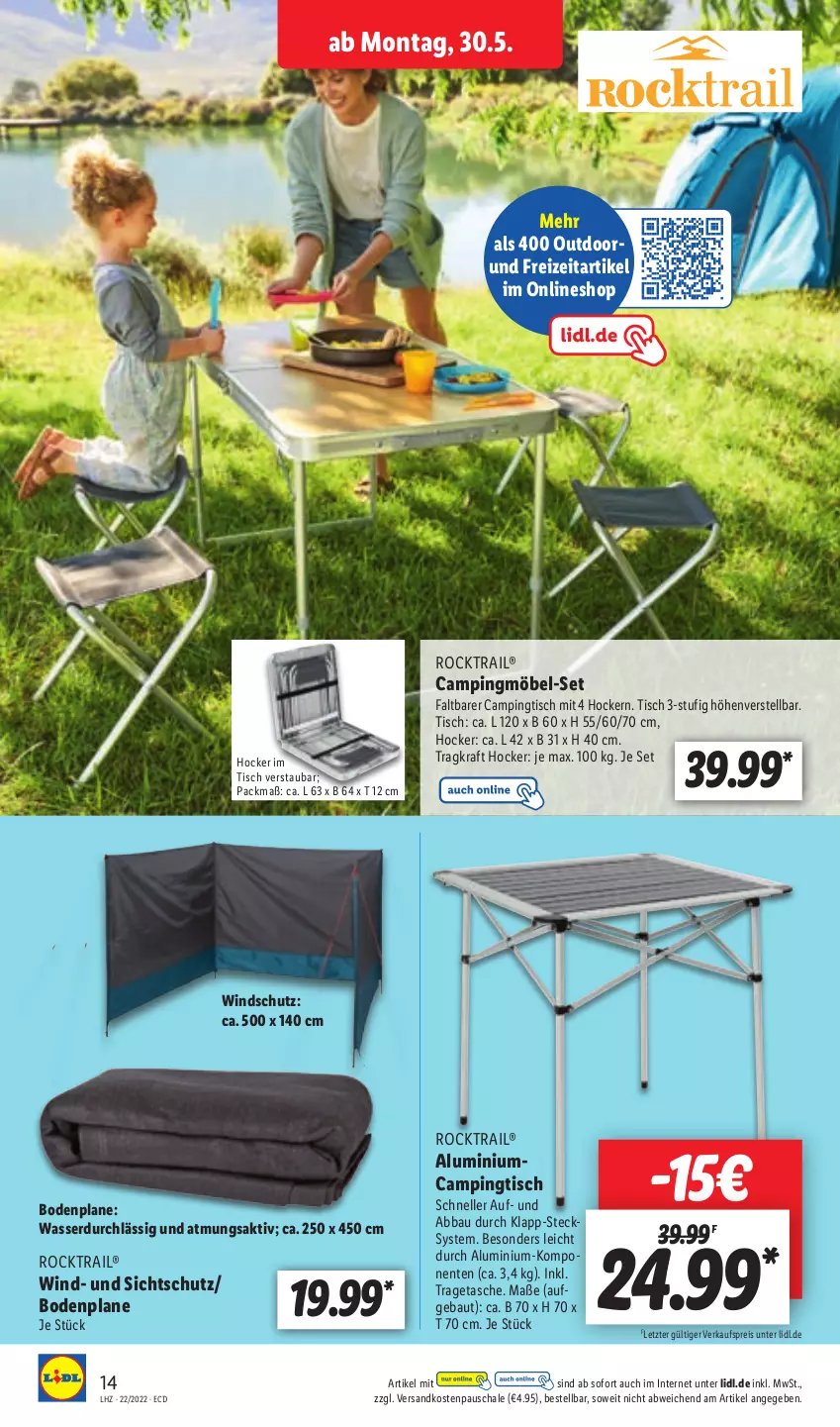 Aktueller Prospekt Lidl - Aktionsprospekt - von 30.05 bis 04.06.2022 - strona 14 - produkty: Abba, Bau, Campingtisch, eis, elle, ente, hocker, kraft, möbel, ndk, reis, Schal, Schale, Tasche, Ti, tisch, tragetasche, wasser, Windschutz, ZTE