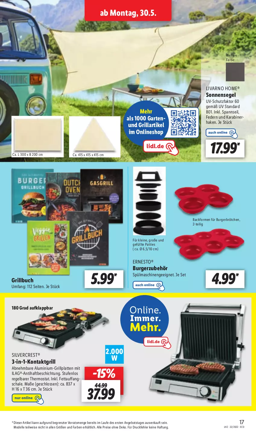 Aktueller Prospekt Lidl - Aktionsprospekt - von 30.05 bis 04.06.2022 - strona 17 - produkty: angebot, Backform, brötchen, buch, burger, dell, eis, elle, ernesto, Garten, grill, grillplatte, ilag, kontaktgrill, latte, leine, Mode, reis, Schal, Schale, silvercrest, sonnensegel, spülmaschinen, thermostat, Ti, uv-schutz, ZTE