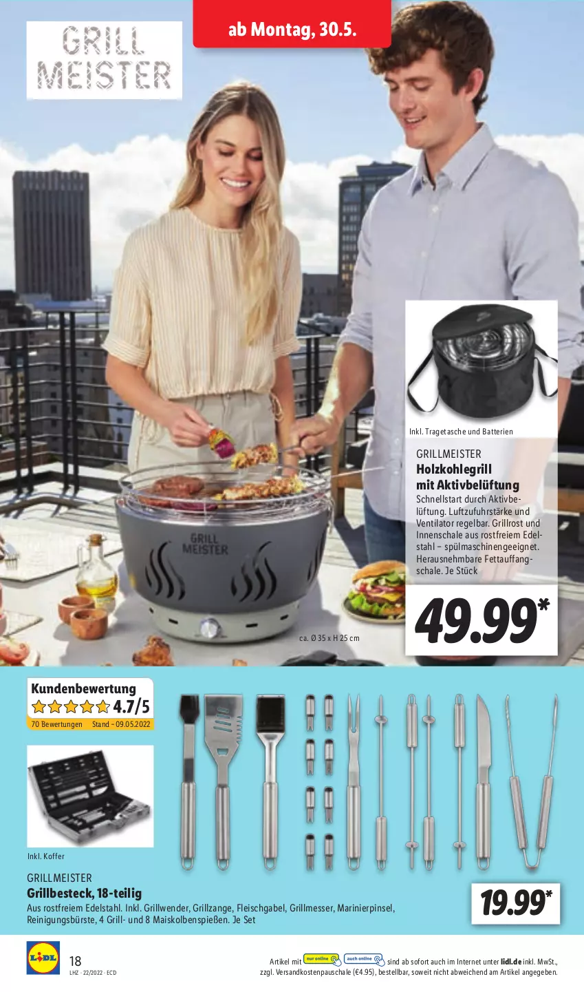 Aktueller Prospekt Lidl - Aktionsprospekt - von 30.05 bis 04.06.2022 - strona 18 - produkty: batterie, batterien, besteck, edelstahl, eis, fleisch, gabel, grill, grillrost, grillzange, Holz, holzkohle, holzkohlegrill, koffer, Kohlegrill, mais, Meister, messer, ndk, Pinsel, Reinigung, Schal, Schale, Tasche, Ti, tragetasche, uhr, ventilator