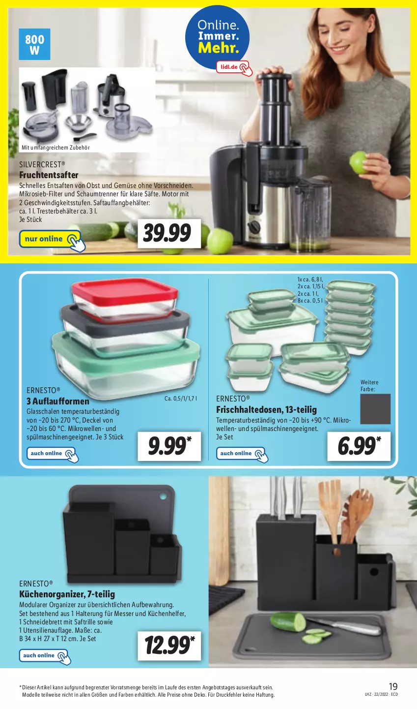 Aktueller Prospekt Lidl - Aktionsprospekt - von 30.05 bis 04.06.2022 - strona 19 - produkty: angebot, Behälter, decke, Deckel, dell, eis, elle, Entsafter, ernesto, frischhaltedosen, frucht, küche, Küchen, Küchenhelfer, messer, mikrowelle, Mode, obst, Obst und Gemüse, reis, saft, säfte, Schal, Schale, schneidebrett, silvercrest, spülmaschinen, Ti, und gemüse, ZTE