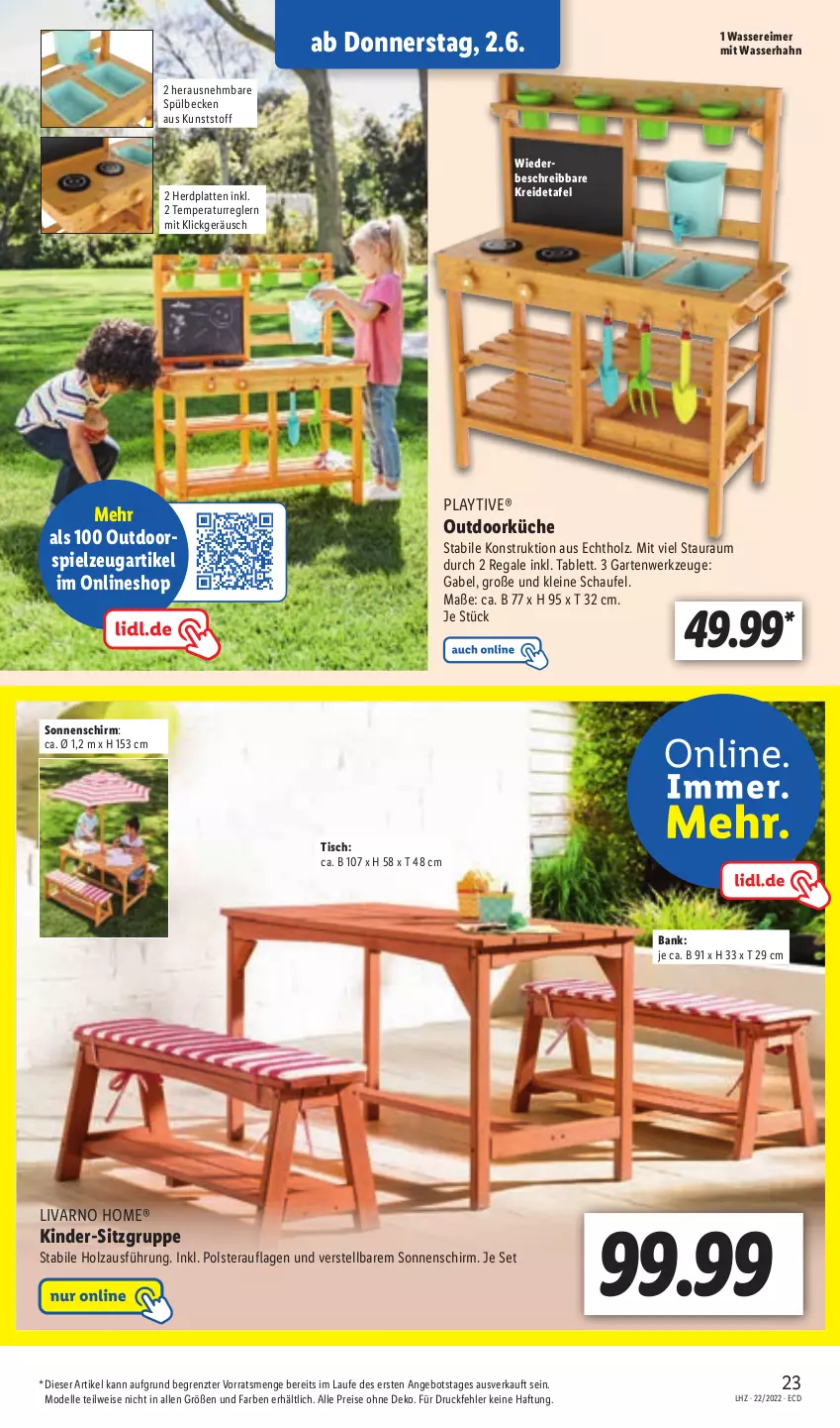 Aktueller Prospekt Lidl - Aktionsprospekt - von 30.05 bis 04.06.2022 - strona 23 - produkty: angebot, Bank, dell, eimer, eis, elle, gabel, Garten, Holz, Kinder, Kreide, küche, latte, leine, Mode, regal, reis, sonnenschirm, spielzeug, tablet, tablett, Ti, tisch, wasser, werkzeug, werkzeuge, ZTE