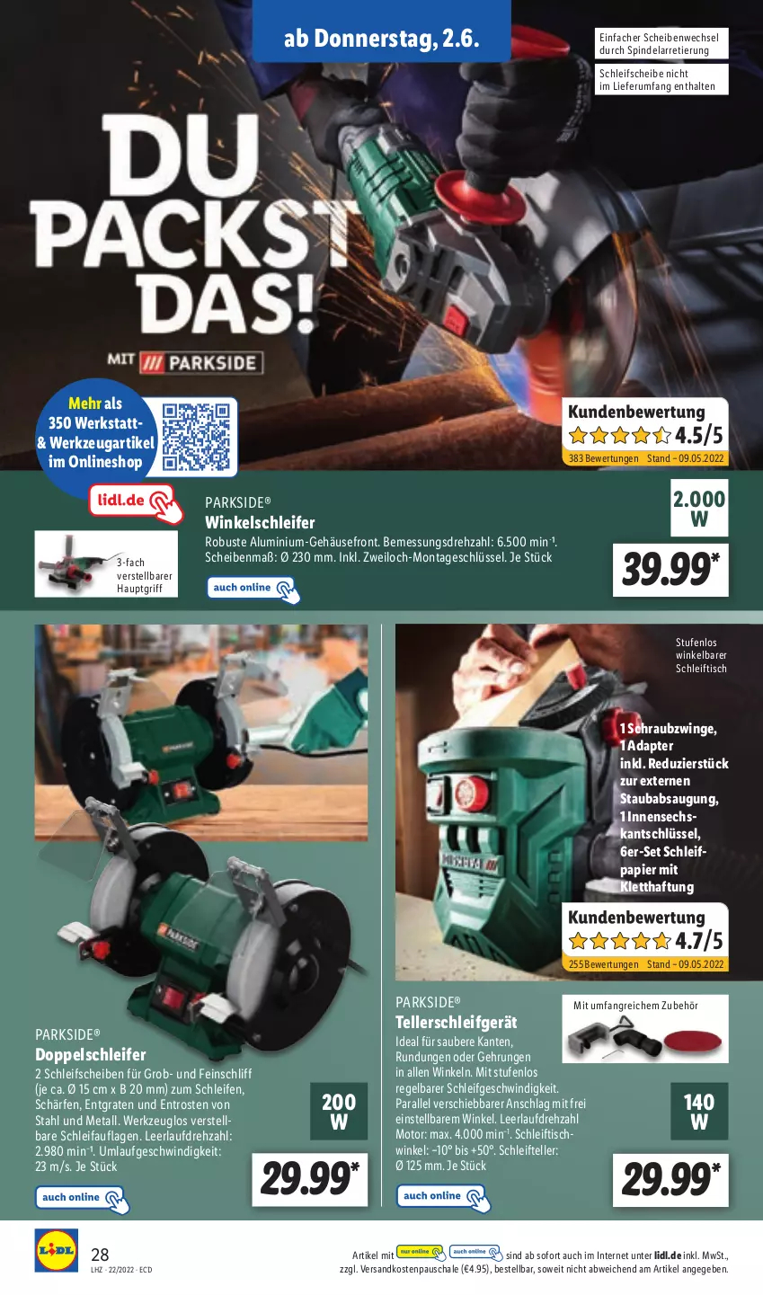 Aktueller Prospekt Lidl - Aktionsprospekt - von 30.05 bis 04.06.2022 - strona 28 - produkty: adapter, elle, ndk, papier, Parkside, rum, Schal, Schale, Schleifpapier, teller, Ti, tisch, werkzeug, Winkelschleifer