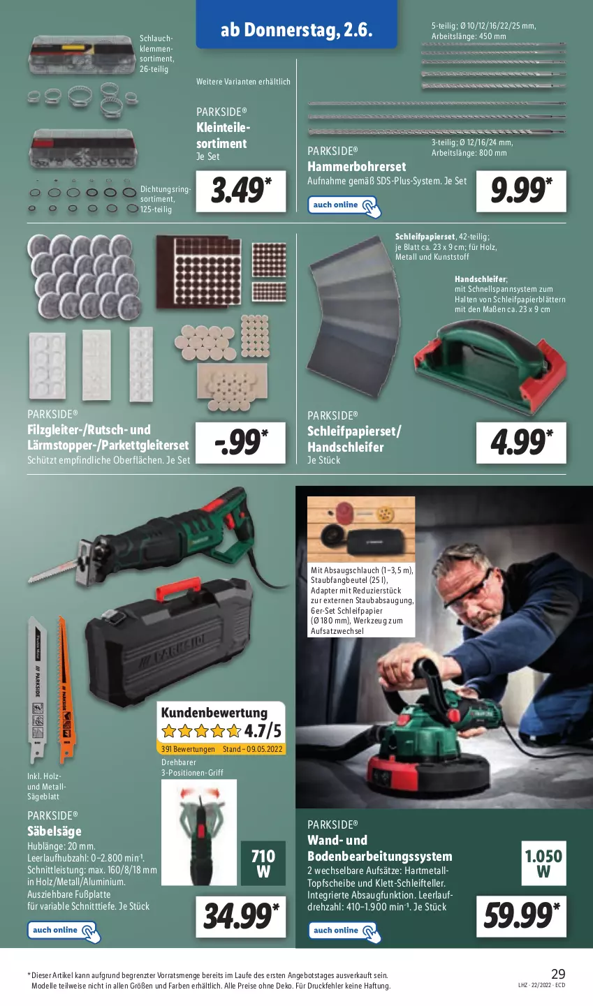 Aktueller Prospekt Lidl - Aktionsprospekt - von 30.05 bis 04.06.2022 - strona 29 - produkty: adapter, angebot, beutel, Bohrerset, dell, eis, elle, Holz, latte, Mode, papier, Parkside, reis, Ria, ring, Säbelsäge, säge, schlauch, Schleifpapier, teller, Ti, topf, topper, werkzeug, ZTE