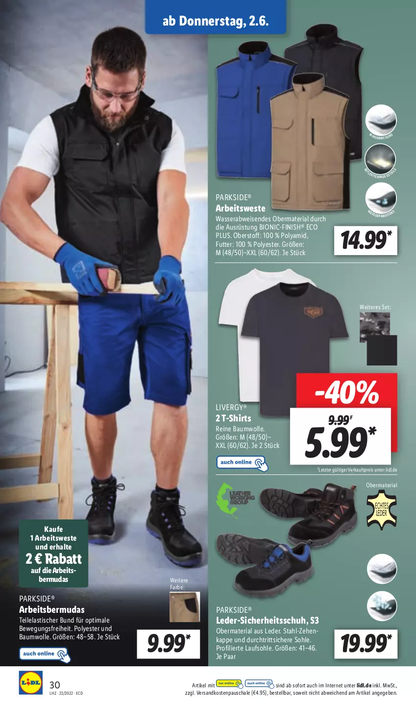 Aktueller Prospekt Lidl - Aktionsprospekt - von 30.05 bis 04.06.2022 - strona 30 - produkty: asti, Bau, baumwolle, bermuda, bermudas, bio, eis, Finish, livergy, ndk, Parkside, reine baumwolle, reis, Ria, Schal, Schale, shirt, shirts, T-Shirt, Ti, tisch, wasser, Weste, wolle, ZTE