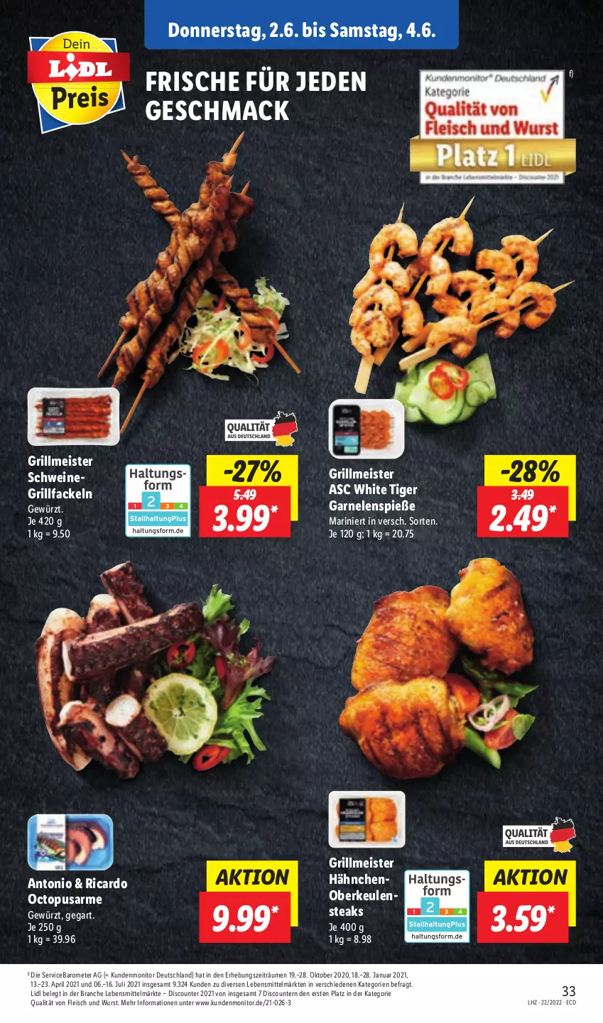 Aktueller Prospekt Lidl - Aktionsprospekt - von 30.05 bis 04.06.2022 - strona 33 - produkty: discount, eis, fleisch, garnelen, gewürz, grill, grillfackeln, lebensmittel, mac, Meister, monitor, pril, reis, schwein, schweine, steak, steaks, Ti, wein, weine, wurst