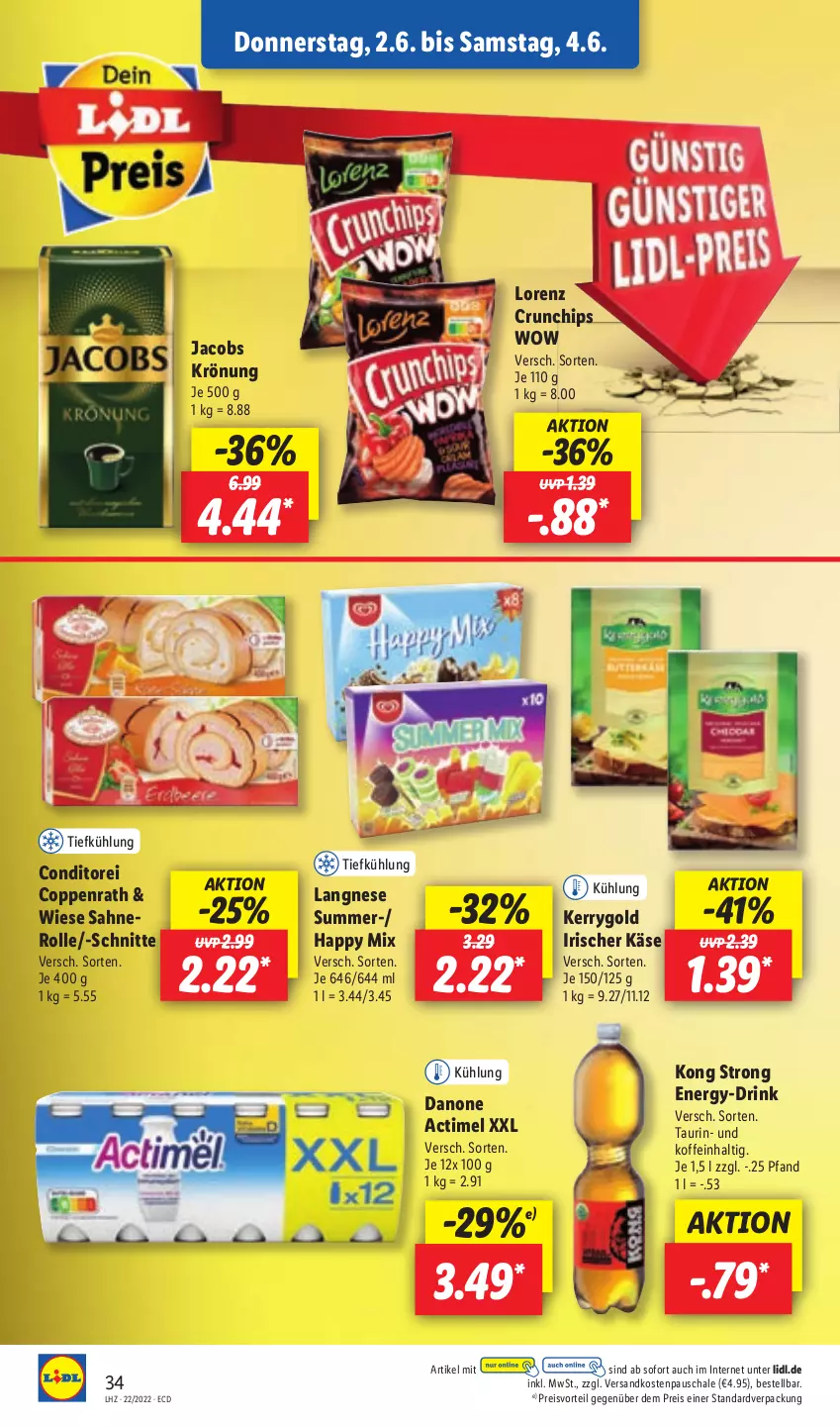 Aktueller Prospekt Lidl - Aktionsprospekt - von 30.05 bis 04.06.2022 - strona 34 - produkty: actimel, chips, coppenrath, crunchips, danone, drink, eis, jacobs, jacobs krönung, Käse, kerrygold, langnese, lorenz, lorenz crunchips, ndk, nero, preisvorteil, reis, sahne, Sahnerolle, Schal, Schale, Ti