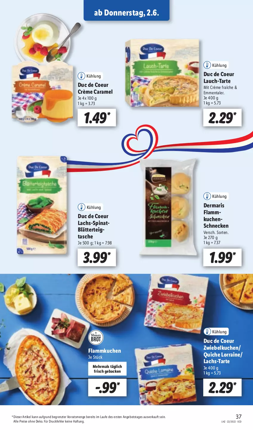 Aktueller Prospekt Lidl - Aktionsprospekt - von 30.05 bis 04.06.2022 - strona 37 - produkty: angebot, blätterteig, Blätterteigtasche, brot, caramel, crème fraîche, eis, emmentaler, flammkuchen, geback, kuchen, lachs, lamm, Quiche, reis, spinat, Tasche, Ti, ZTE, zwiebel