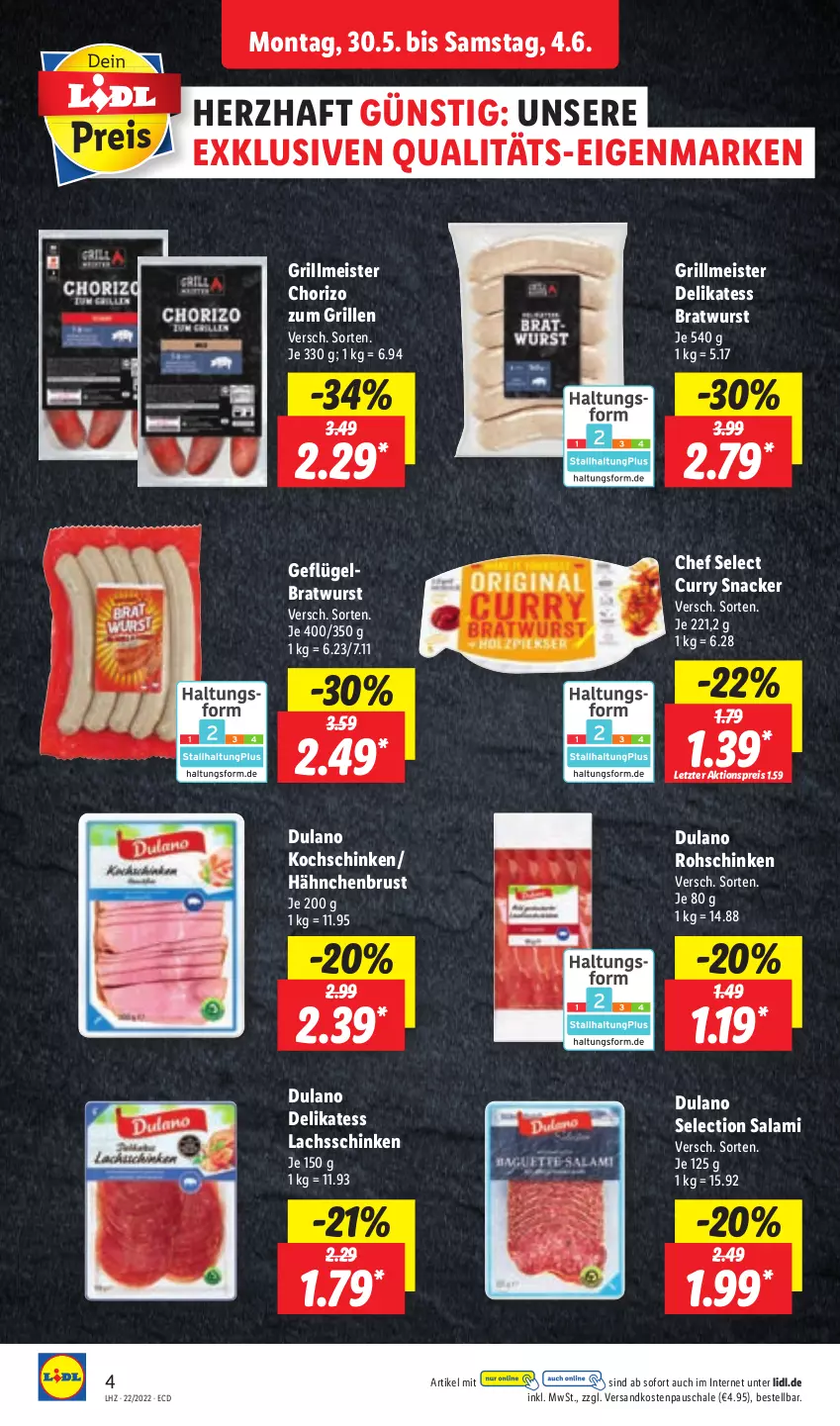 Aktueller Prospekt Lidl - Aktionsprospekt - von 30.05 bis 04.06.2022 - strona 4 - produkty: aktionspreis, bratwurst, chorizo, curry, dulano, eis, Geflügel, grill, hähnchenbrust, kochschinken, lachs, lachsschinken, Meister, ndk, reis, rohschinken, salami, Schal, Schale, schinken, snack, Ti, wurst, ZTE