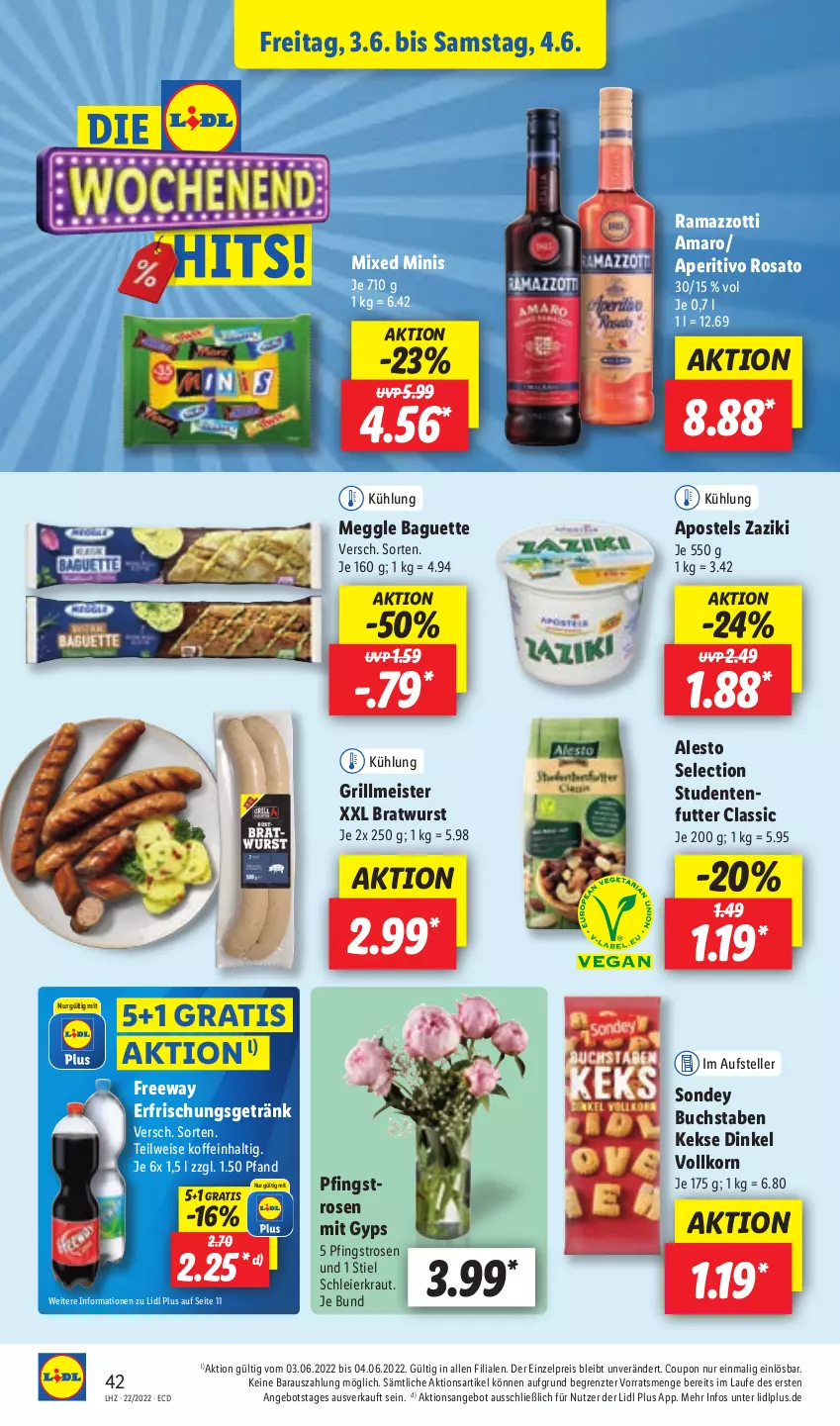 Aktueller Prospekt Lidl - Aktionsprospekt - von 30.05 bis 04.06.2022 - strona 42 - produkty: alesto, amaro, angebot, aperitivo rosato, apostels, baguette, bratwurst, buch, coupon, eier, eis, elle, ente, erfrischungsgetränk, getränk, grill, keks, kekse, korn, Kraut, meggle, Meister, Pfingstrosen, rama, ramazzott, ramazzotti, reis, rosato, rosen, Sondey, studentenfutter, teller, Ti, wurst, zaziki, zott, ZTE