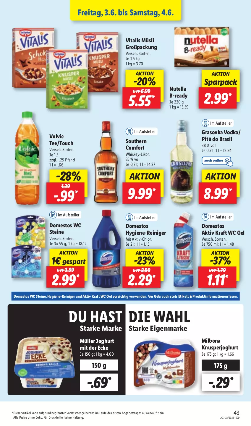 Aktueller Prospekt Lidl - Aktionsprospekt - von 30.05 bis 04.06.2022 - strona 43 - produkty: angebot, Bona, domestos, eis, elle, hygiene-reiniger, joghur, joghurt, joghurt mit der ecke, kraft, likör, Milbona, Müller, müsli, nutella, Rauch, reiniger, reis, rwe, Southern Comfort, tee, teller, Ti, vita, vitalis, vitalis müsli, vodka, volvic, whiskey, ZTE