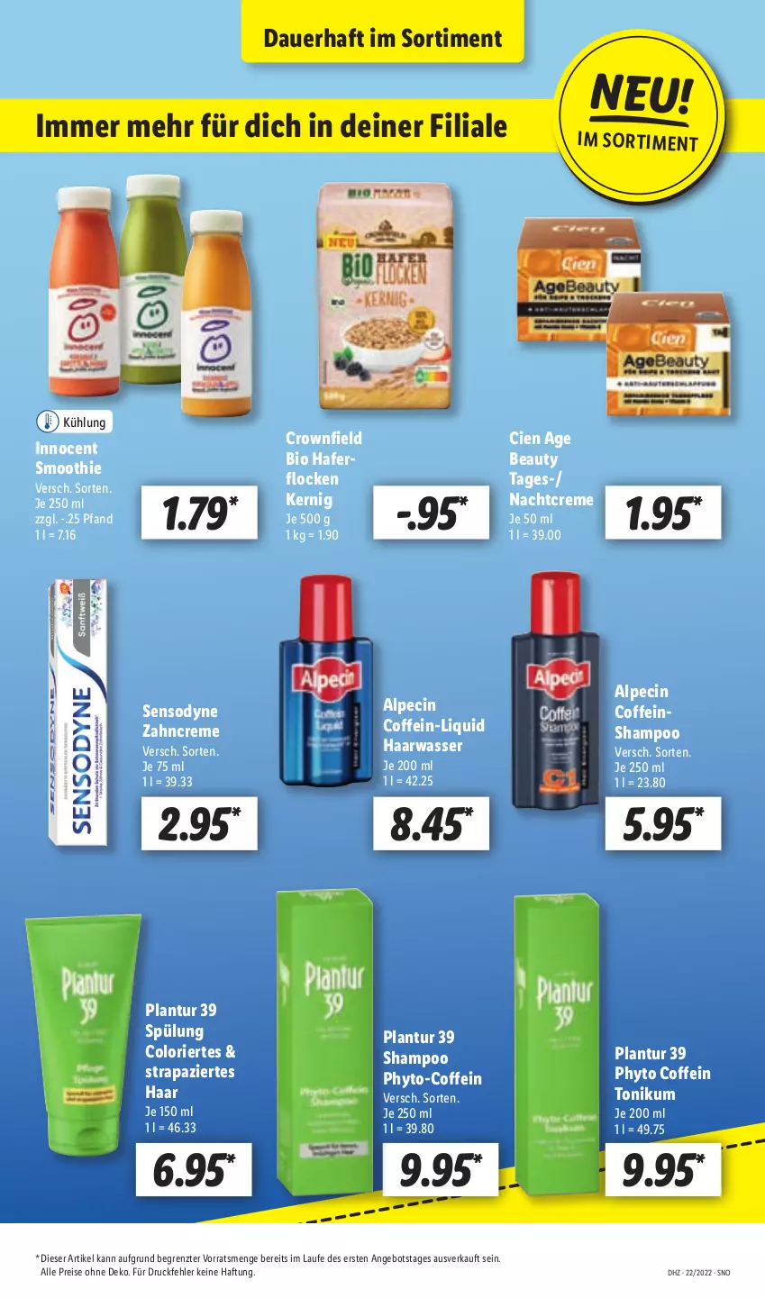 Aktueller Prospekt Lidl - Aktionsprospekt - von 30.05 bis 04.06.2022 - strona 45 - produkty: alpecin, angebot, auer, bio, Cien, cin, coffein, creme, eis, hafer, haferflocken, Innocent, nachtcreme, reis, sensodyne, shampoo, smoothie, spülung, Ti, wasser, zahncreme, ZTE