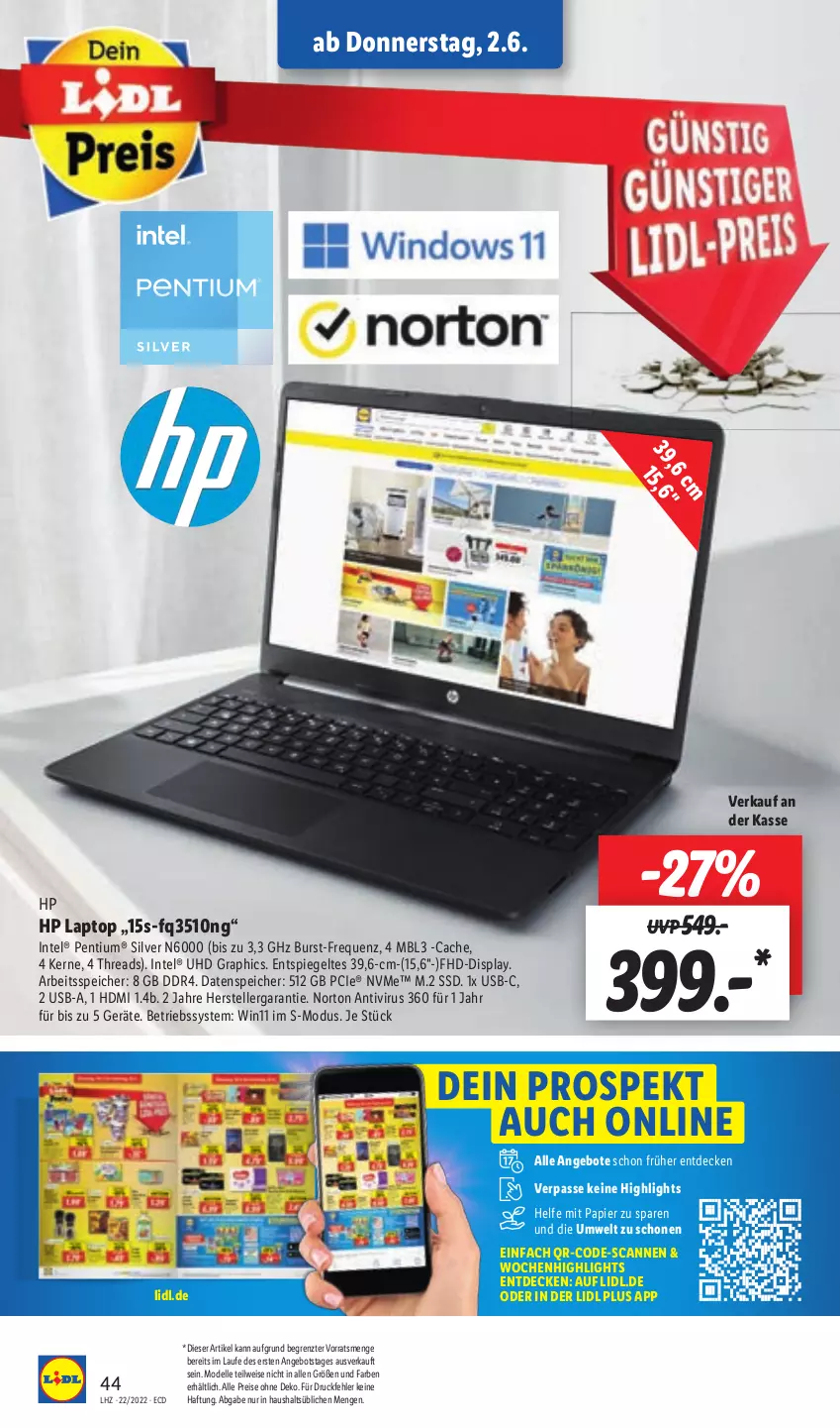 Aktueller Prospekt Lidl - Aktionsprospekt - von 30.05 bis 04.06.2022 - strona 46 - produkty: angebot, angebote, Betriebssystem, decke, dell, eis, elle, HD Graphics, HDMI, HP, Intel, Laptop, Mode, papier, Pentium, reis, spiegel, ssd, teller, Ti, uhd, usb, ZTE