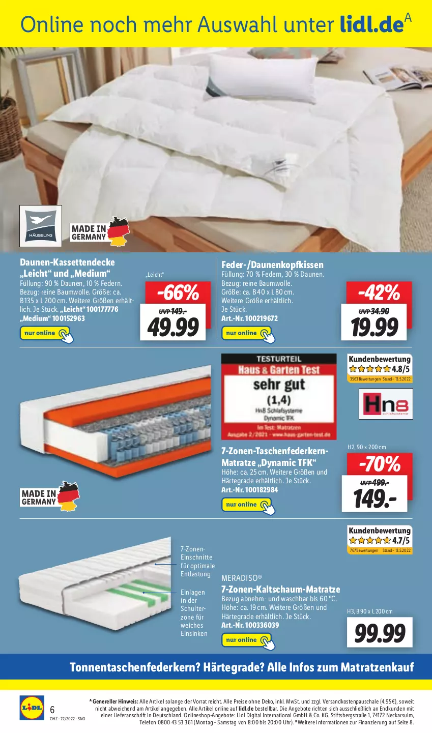 Aktueller Prospekt Lidl - Aktionsprospekt - von 30.05 bis 04.06.2022 - strona 52 - produkty: angebot, angebote, Bau, baumwolle, decke, eis, elle, federkern, federkernmatratze, kaltschaum-matratze, Kassettendecke, kernmatratze, kissen, kopfkissen, matratze, matratzen, meradiso, ndk, reine baumwolle, reis, rel, Schal, Schale, Tasche, taschen, taschenfederkernmatratze, telefon, Ti, uhr, wolle