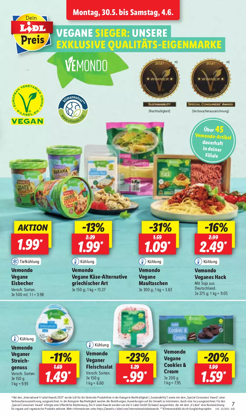 Aktueller Prospekt Lidl - Aktionsprospekt - von 30.05 bis 04.06.2022 - strona 7 - produkty: auer, Becher, cookie, cookies, eis, eisbecher, erde, fleisch, fleischsalat, Käse, LG, maultaschen, nuss, Rauch, salat, soja, Tasche, taschen, Ti, Vegeta