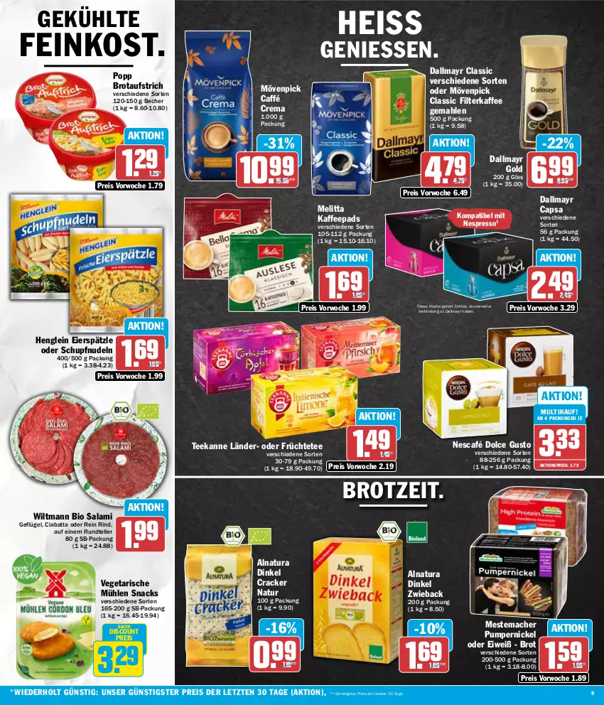 Aktueller Prospekt Aez - Prospekte - von 02.01 bis 05.01.2024 - strona 9 - produkty: aktionspreis, auer, aufstrich, Becher, bio, brot, brotaufstrich, Cap, ciabatta, cracker, dallmayr, dallmayr capsa, dallmayr gold, discount, dolce gusto, eier, eierspätzle, eis, elle, espresso, feinkost, filterkaffee, früchte, Früchtetee, Geflügel, henglein, kaffee, kaffeepads, mac, melitta, mestemacher, mövenpick, natur, natura, Nescafé, nespresso, nudel, nudeln, Popp, Pumpernickel, reis, rind, salami, snack, snacks, tee, teekanne, teller, Ti, Vegeta, wiltmann, ZTE