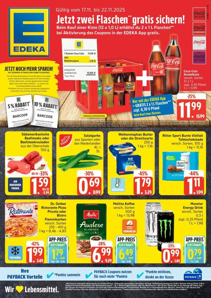 Aktueller Prospekt Edeka - Prospekte - von 17.11 bis 22.11.2025 - strona 1 - produkty: coca-cola, cola, coupon, coupons, deka, erde, flasche, lebensmittel, payback, Ti