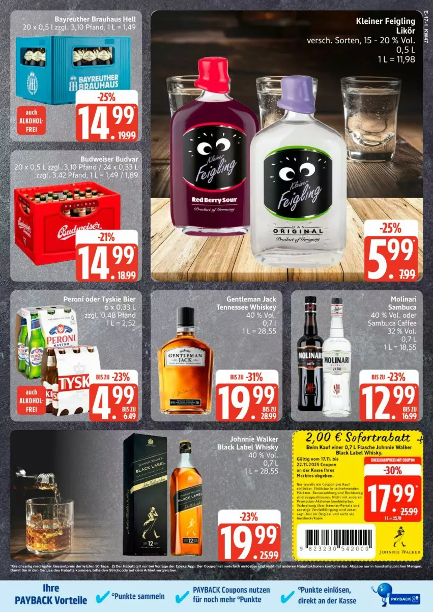 Aktueller Prospekt Edeka - Prospekte - von 17.11 bis 22.11.2025 - strona 23 - produkty: black label, coupon, coupons, flasche, Germ, johnnie walker, lack, likör, nuss, payback, Ti, whisky