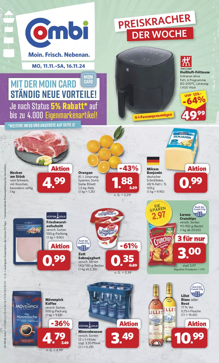 Aktueller Prospekt Combi - Prospekte - von 11.11 bis 16.11.2024 - strona 1 - produkty: Alwa, angebot, angebote, aufschnitt, Becher, beutel, chips, crunchips, deutscher schnittkäse, eis, elle, flasche, fritteuse, joghur, joghurt, kaffee, Käse, lillet, lorenz, lorenz crunchips, milram, mineralwasser, mövenpick, mövenpick kaffee, orange, orangen, reis, saft, sahne, Sahnejoghurt, schnittkäse, schwein, teller, Ti, Tiere, wasser, wein, wurst, zott, ZTE