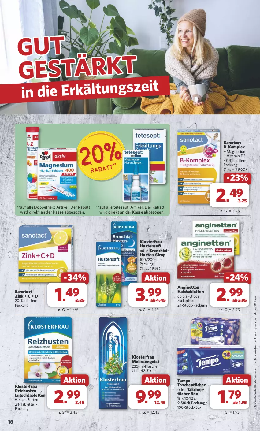 Aktueller Prospekt Combi - Prospekte - von 11.11 bis 16.11.2024 - strona 18 - produkty: B-Komplex, chia, doppelherz, eis, Erkältungs, flasche, gin, magnesium, reis, saft, sirup, tablet, tablett, Tablette, Tasche, taschen, taschentücher, Tempo, Ti, tücher, vita, Vitamin D, ZTE, zucker