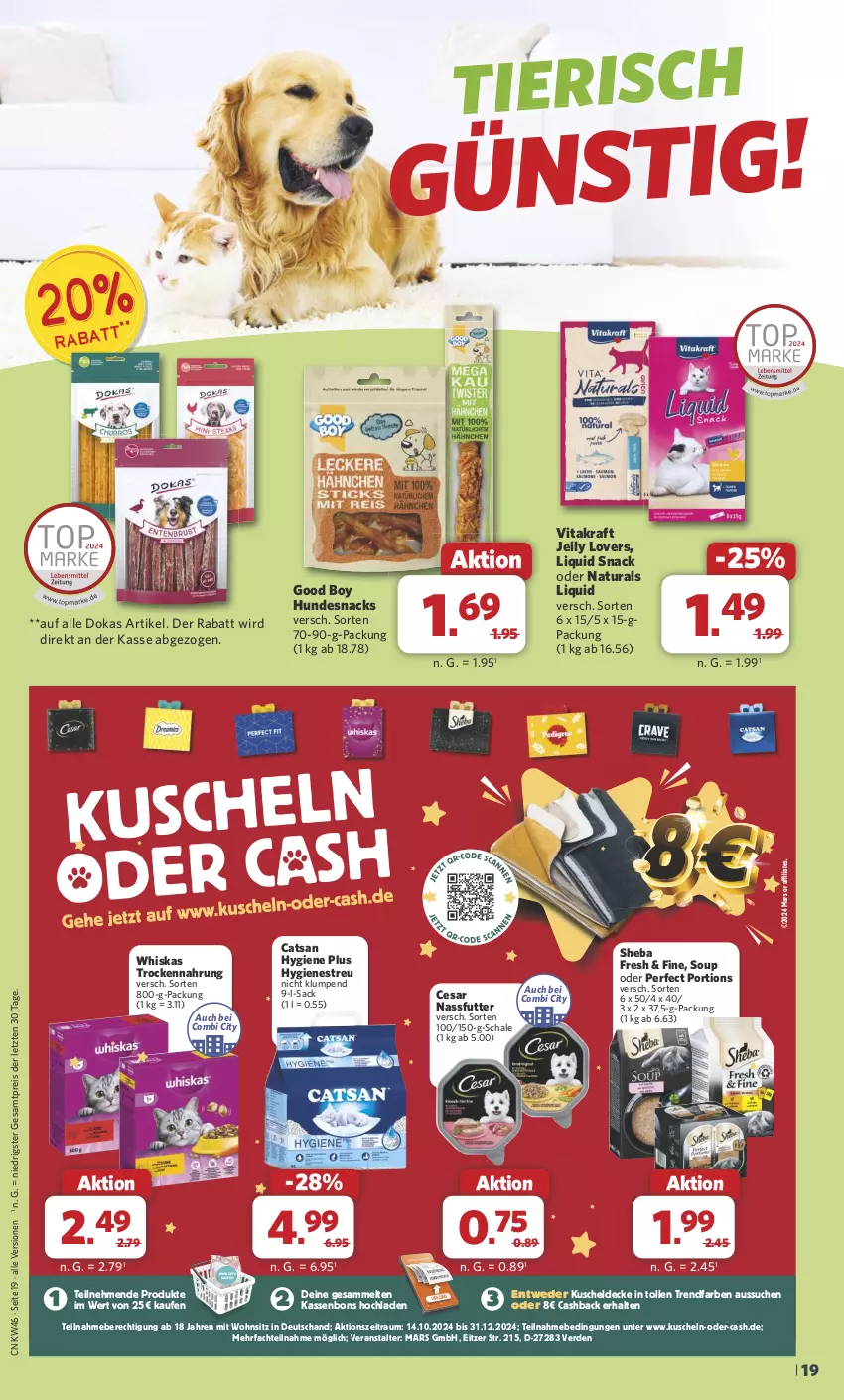 Aktueller Prospekt Combi - Prospekte - von 11.11 bis 16.11.2024 - strona 19 - produkty: catsan, decke, eis, erde, hundesnack, hundesnacks, kraft, kuscheldecke, mars, nassfutter, natur, natura, reis, sac, Schal, Schale, sheba, snack, snacks, Ti, Trockennahrung, vita, vitakraft, whiskas, ZTE