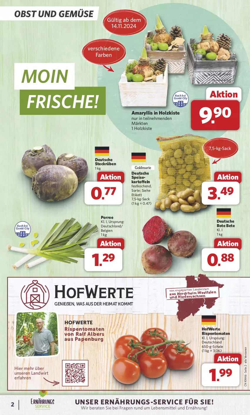 Aktueller Prospekt Combi - Prospekte - von 11.11 bis 16.11.2024 - strona 2 - produkty: eis, Holz, kartoffel, kartoffeln, lebensmittel, LG, obst, Obst und Gemüse, rispentomaten, rote bete, sac, Schal, Schale, Ti, tomate, tomaten, und gemüse