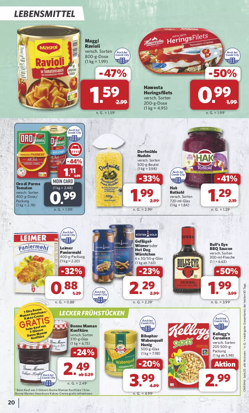 Aktueller Prospekt Combi - Prospekte - von 11.11 bis 16.11.2024 - strona 20 - produkty: beutel, bihophar, bonne maman, cerealien, creme, eimer, eis, filet, filets, flasche, Geflügel, Gläser, haselnuss, hawesta, hering, Herings, heringsfilets, honig, hot dog, kakao, Kellogg‘s, konfitüre, lebensmittel, leimer, maggi, mam, mehl, nudel, nudeln, nuss, oro di parma, Paniermehl, ravioli, reis, ring, rotkohl, sauce, saucen, Ti, tomate, tomaten, wiener, würstchen, ZTE