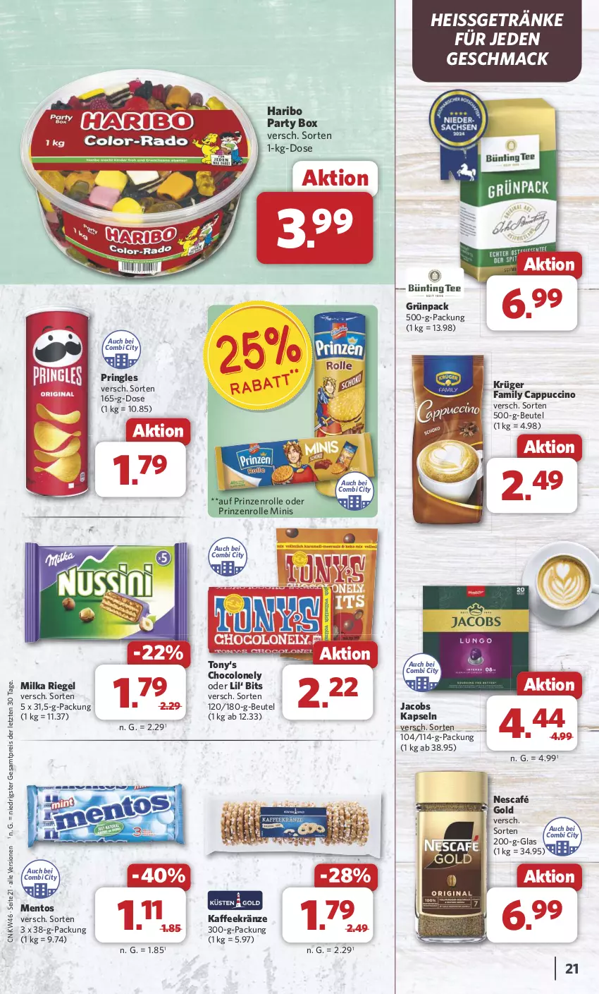 Aktueller Prospekt Combi - Prospekte - von 11.11 bis 16.11.2024 - strona 21 - produkty: beutel, Cap, cappuccino, cin, eis, getränk, getränke, haribo, jacobs, kaffee, krüger, mac, mentos, milka, Nescafé, nescafé gold, pringles, prinzenrolle, reis, riegel, ring, Ti, ZTE